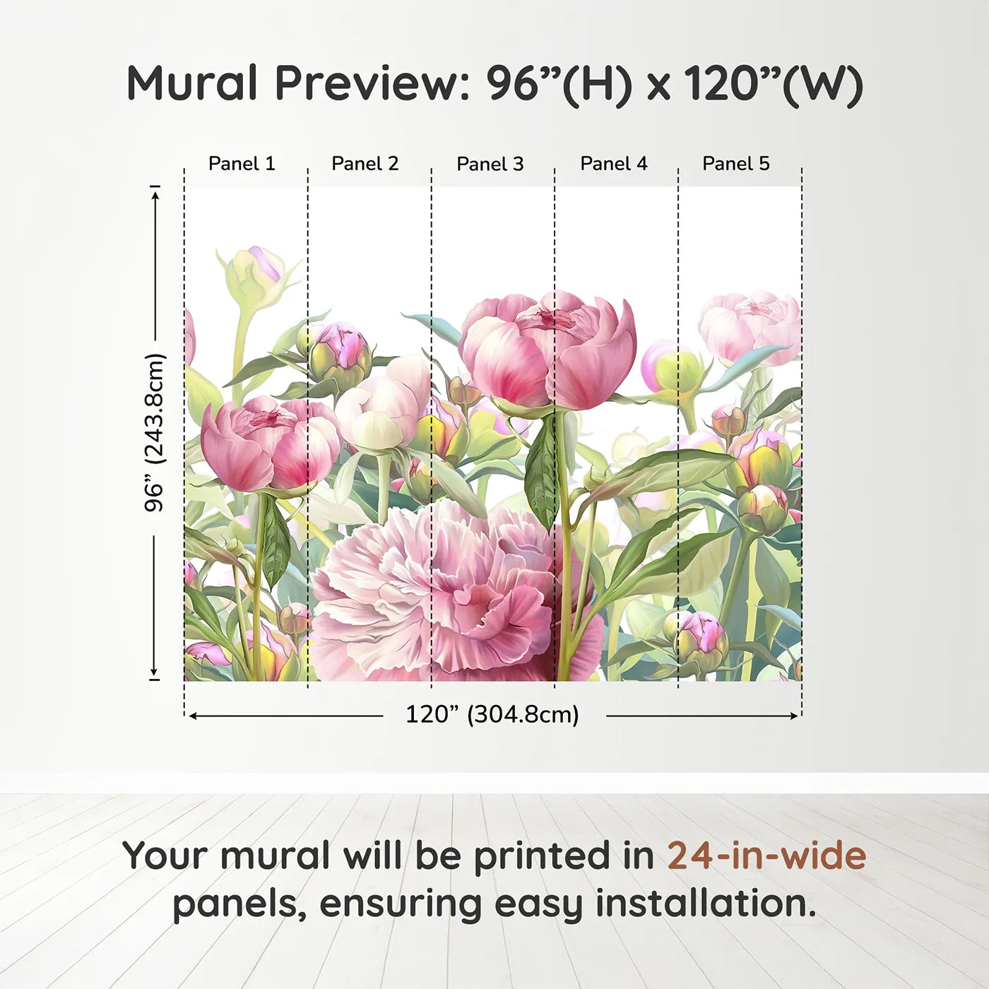 Whimsy Tots Pink Peony Garden Wall Muraldimension view (96" H x 120" W). Printed in five 24-inch-wide panels. Best for Girls