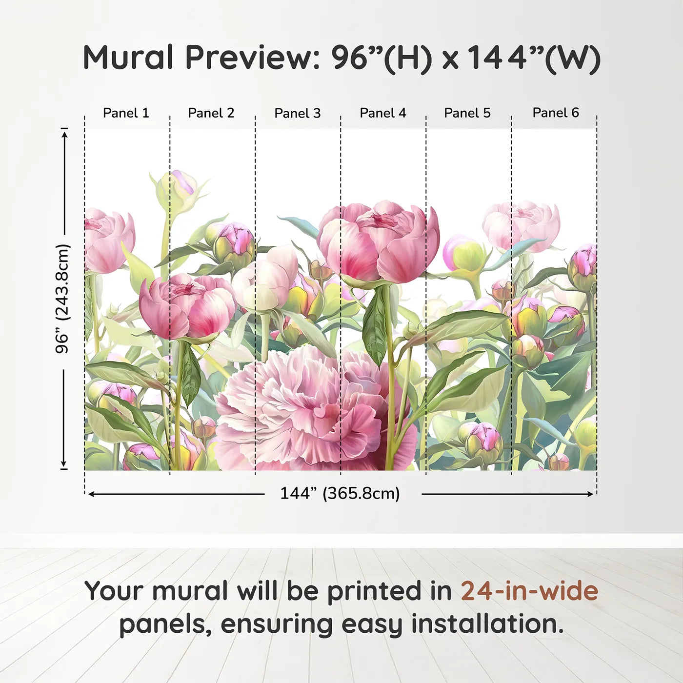 Whimsy Tots Pink Peony Garden Wall Muraldimension view (96" H x 144" W). Printed in six 24-inch-wide panels. Best for Girls