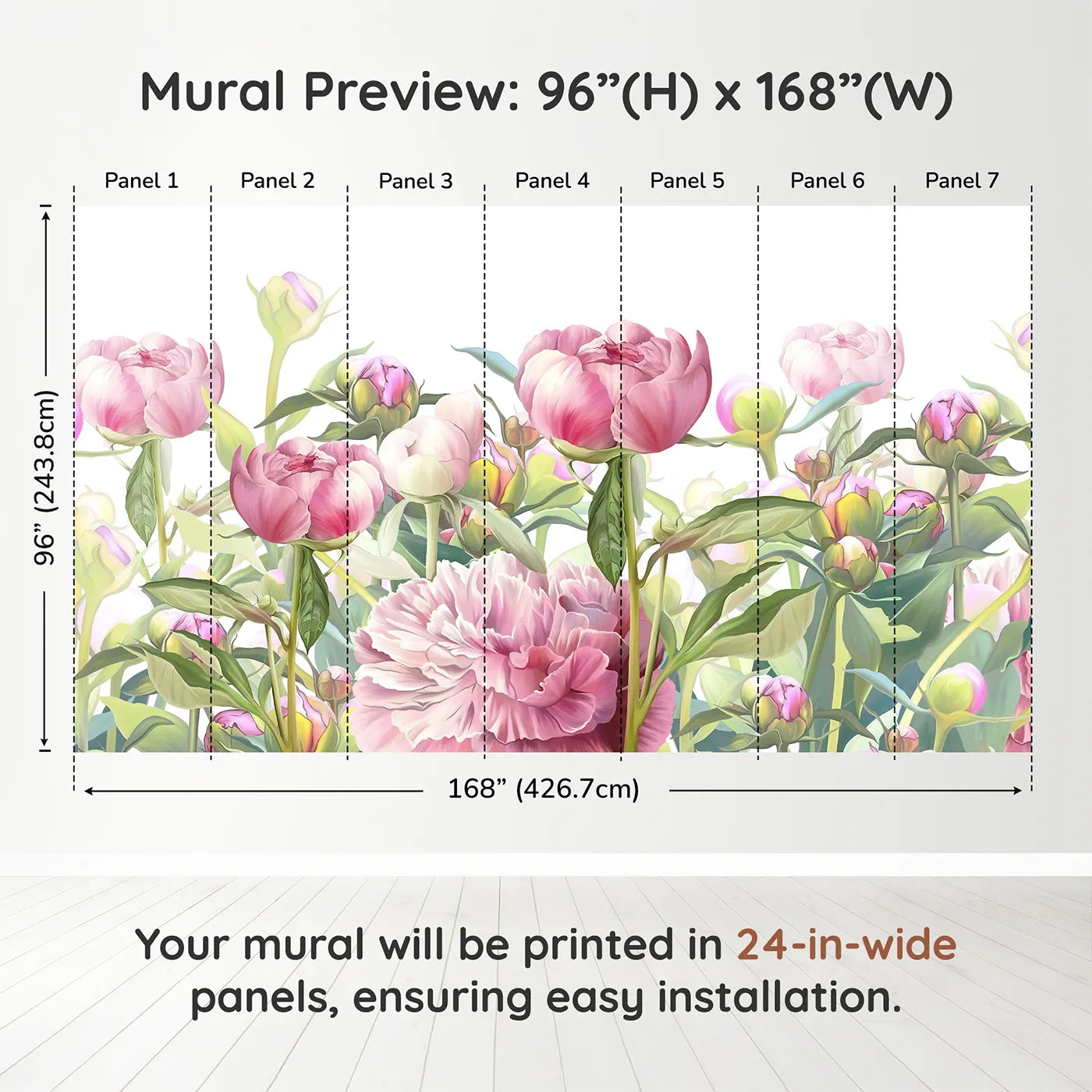 Whimsy Tots Pink Peony Garden Wall Muraldimension view (96" H x 168" W). Printed in seven 24-inch-wide panels. Best for Girls