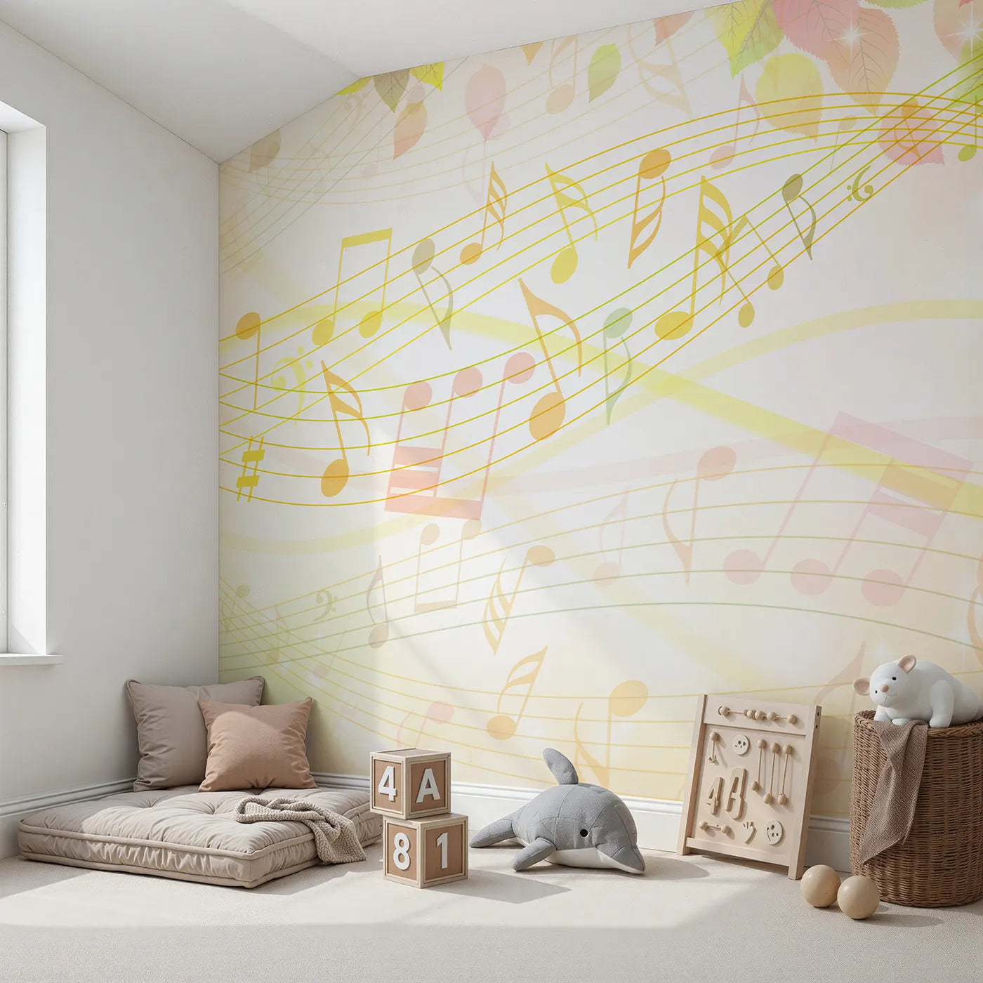 Angled view of Whimsy Tots' Golden Autumn Melody Wall Mural (Turn Their Room into a Sparkling Fall Symphony).Gender-Neutral