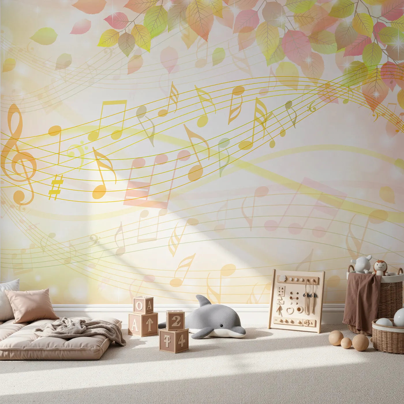 Front view of Whimsy Tots' Golden Autumn Melody Wall Mural