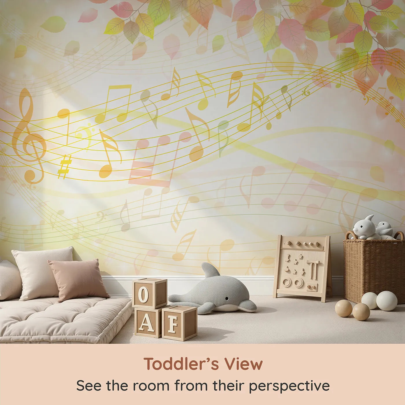 Whimsy Tots Golden Autumn Melody Wall Mural (Turn Their Room into a Sparkling Fall Symphony) from your child's view.Gender-Neutral