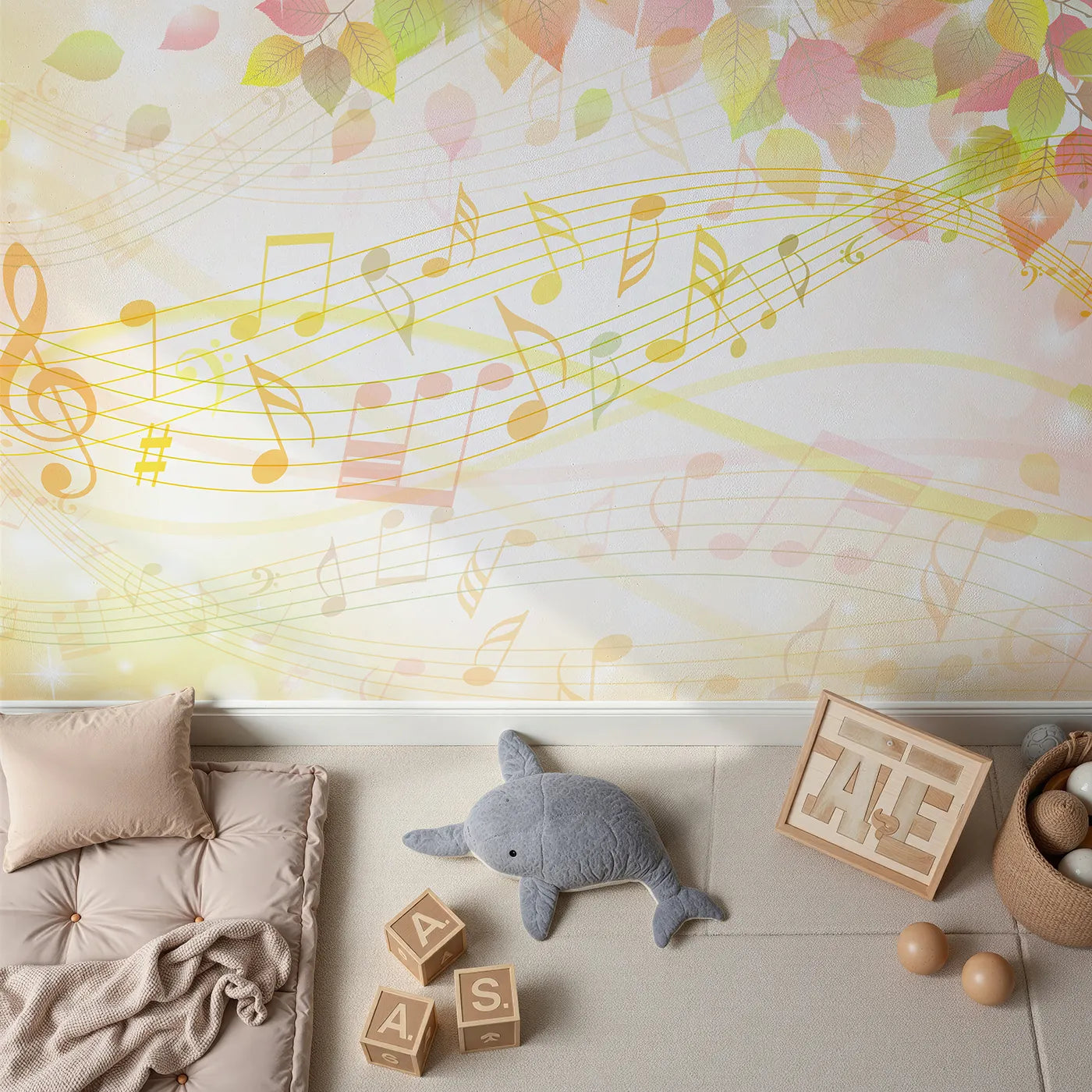 Top-down view of Whimsy Tots' Golden Autumn Melody Wall Mural (Turn Their Room into a Sparkling Fall Symphony).Gender-Neutral
