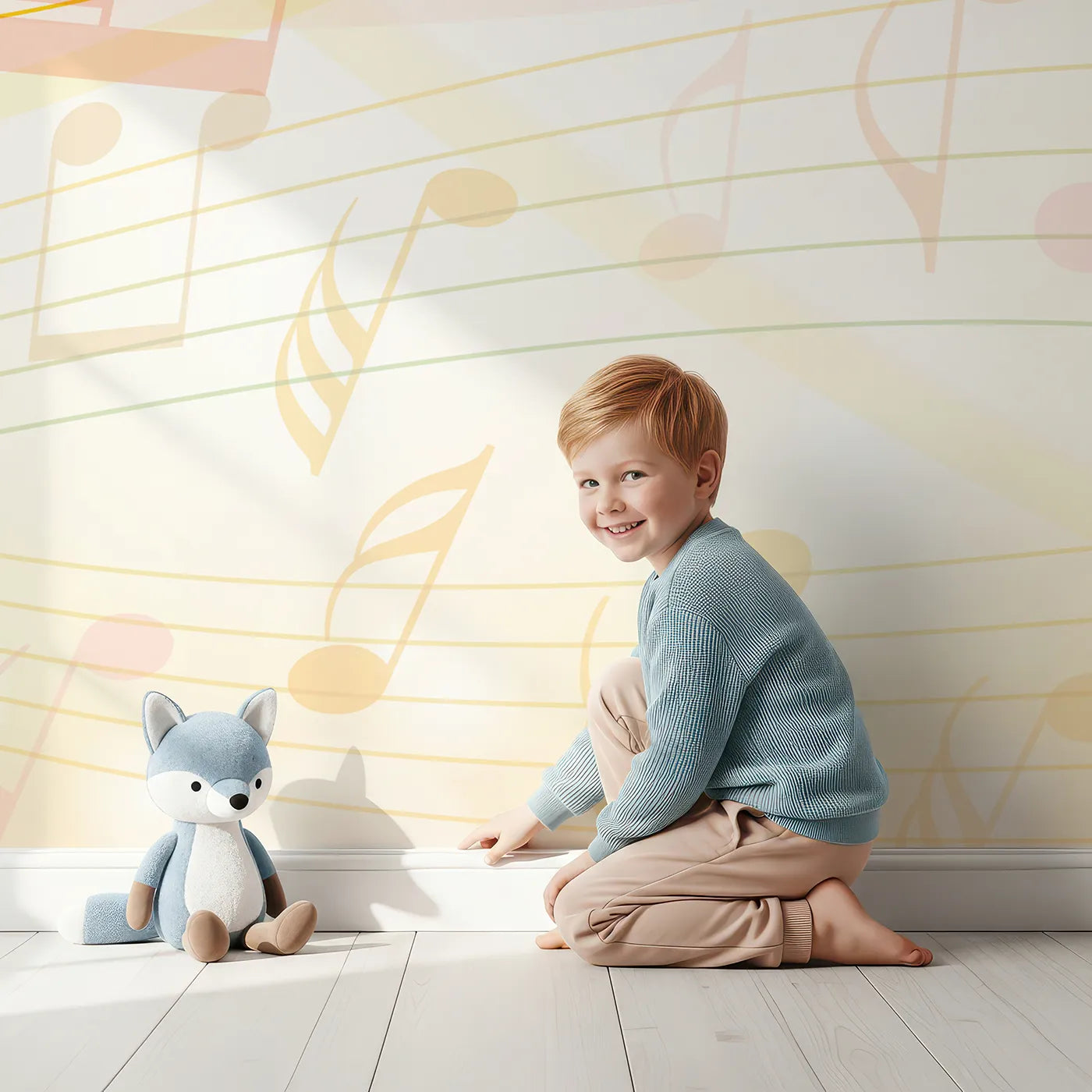 Child in front of Whimsy Tots Golden Autumn Melody Wall Mural with autumn, music, leaf, note, sparkle, gold, fall, light in design.