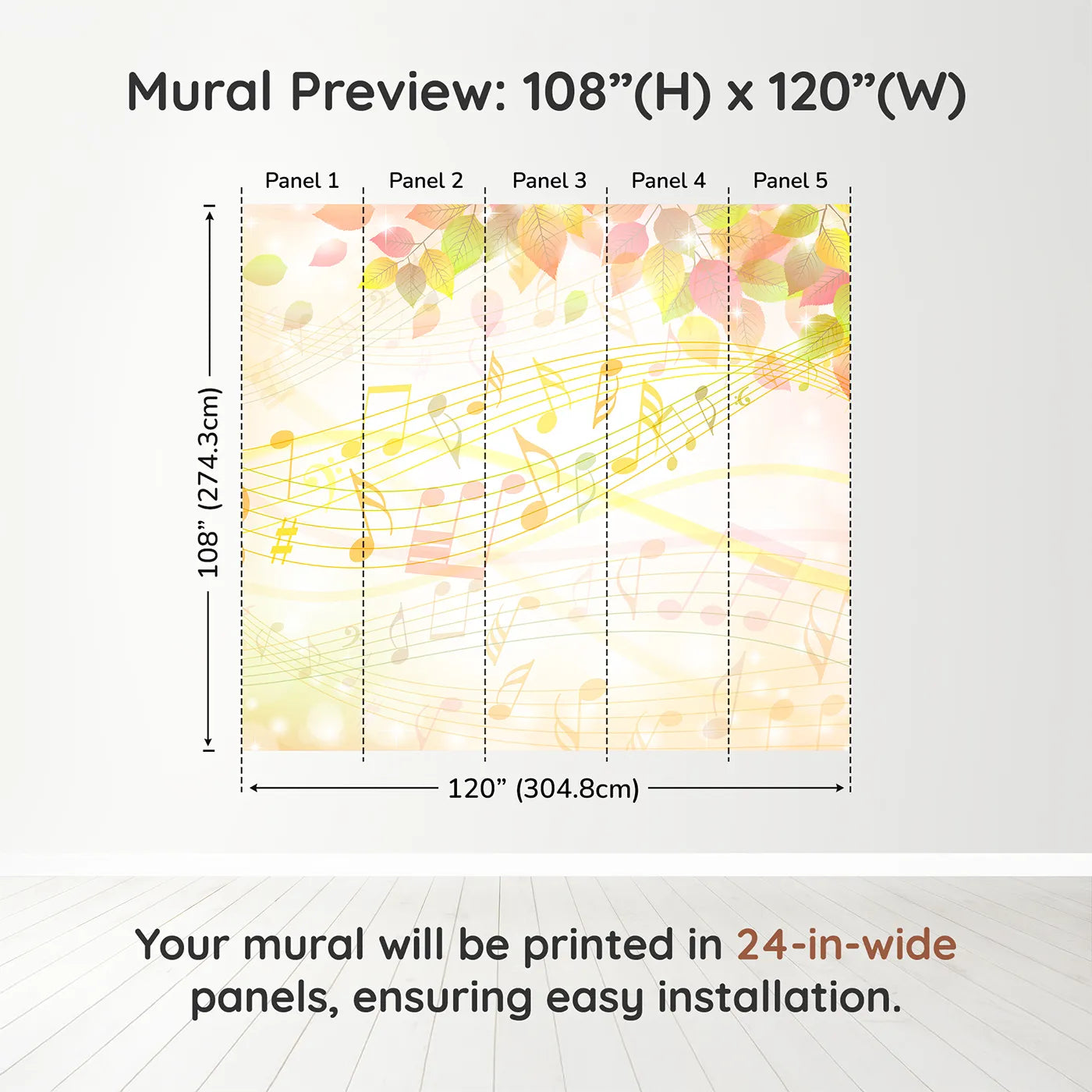 Whimsy Tots Golden Autumn Melody Wall Muraldimension view (108" H x 120" W). Printed in five 24-inch-wide panels. Gender-Neutral