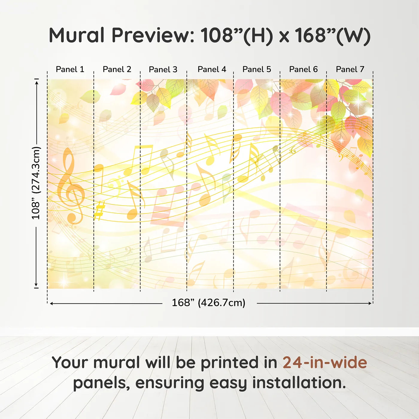 Whimsy Tots Golden Autumn Melody Wall Muraldimension view (108" H x 168" W). Printed in seven 24-inch-wide panels. Gender-Neutral