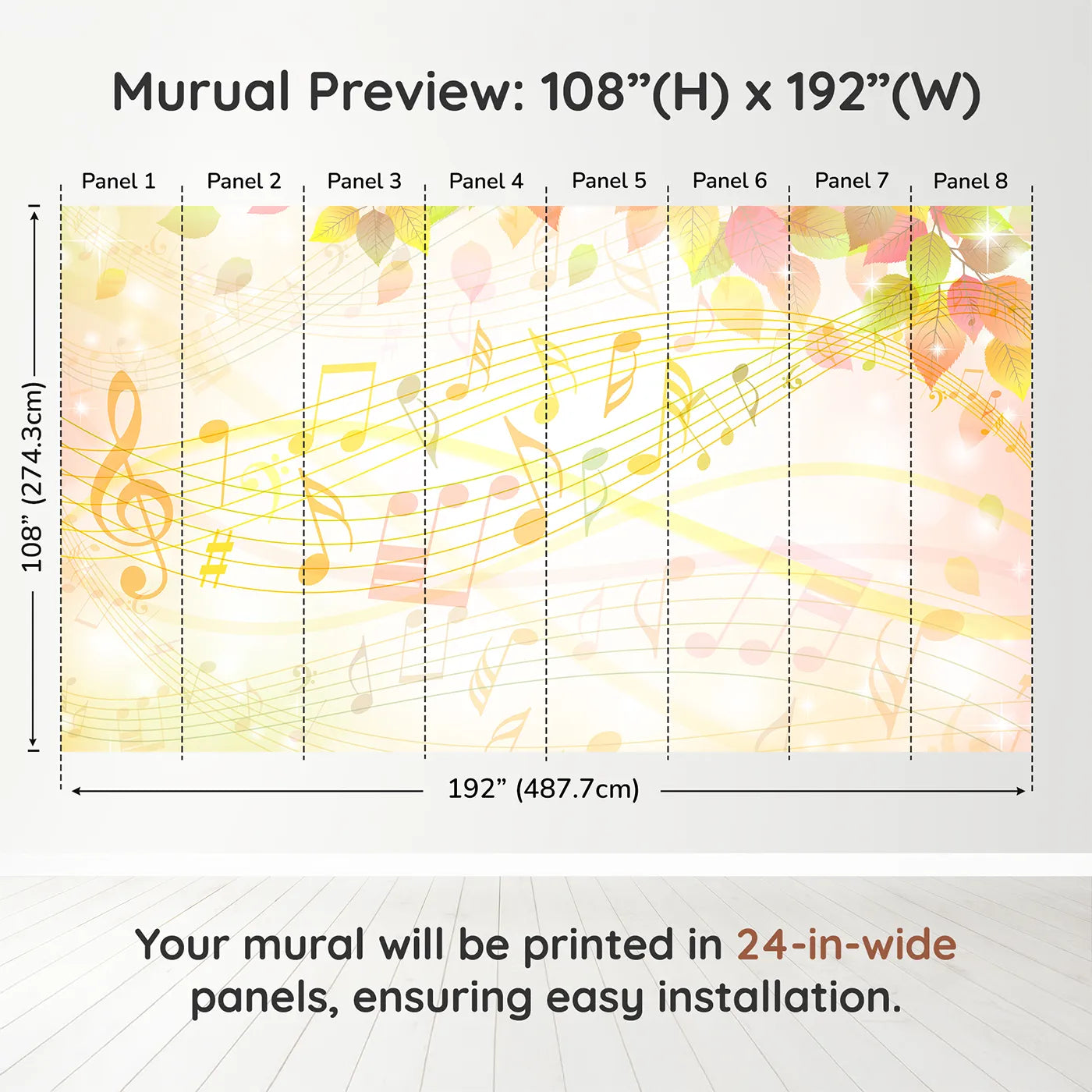 Whimsy Tots Golden Autumn Melody Wall Muraldimension view (108" H x 192" W). Printed in eight 24-inch-wide panels. Gender-Neutral