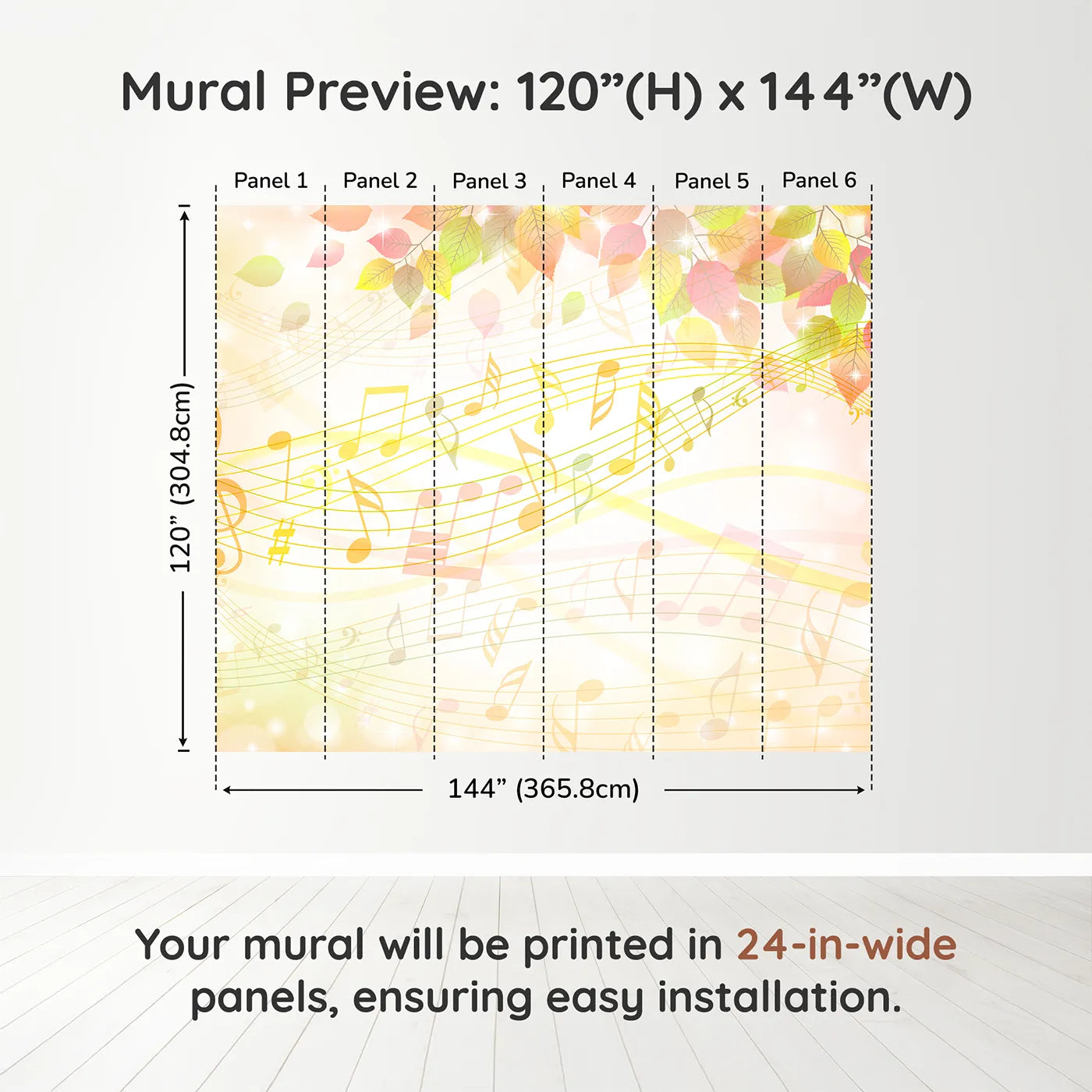 Whimsy Tots Golden Autumn Melody Wall Muraldimension view (120" H x 144" W). Printed in six 24-inch-wide panels. Gender-Neutral