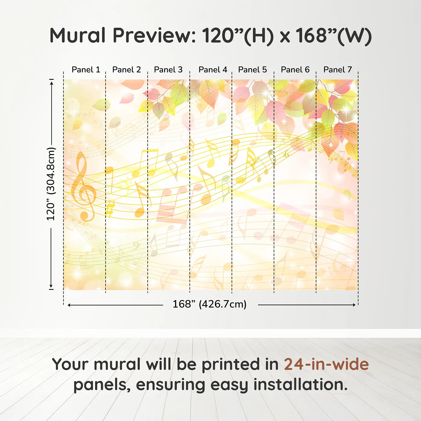 Whimsy Tots Golden Autumn Melody Wall Muraldimension view (120" H x 168" W). Printed in seven 24-inch-wide panels. Gender-Neutral
