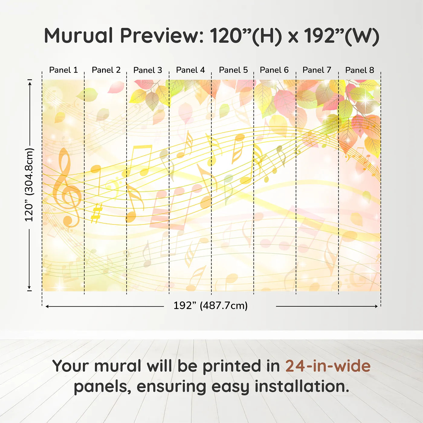 Whimsy Tots Golden Autumn Melody Wall Muraldimension view (120" H x 192" W). Printed in eight 24-inch-wide panels. Gender-Neutral