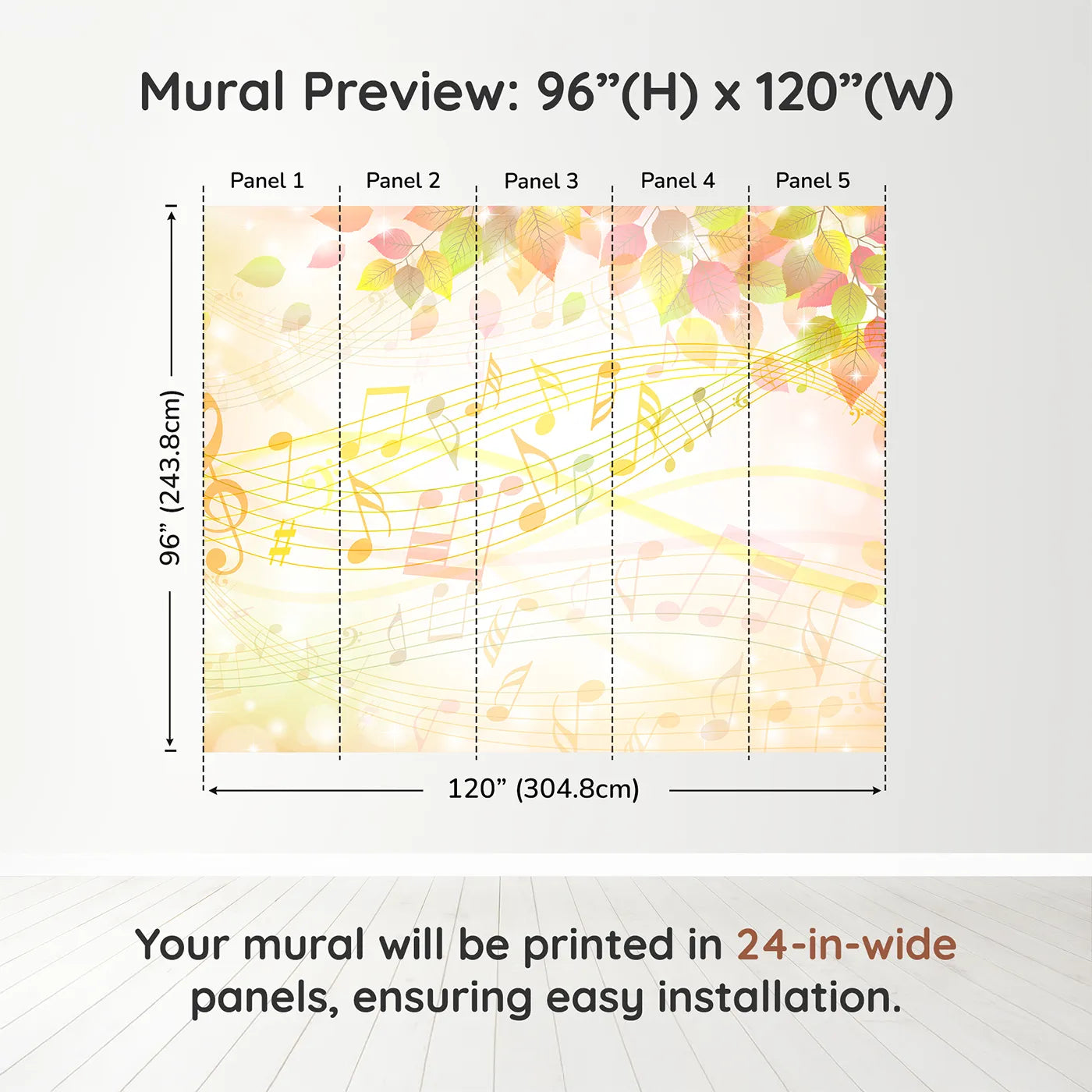 Whimsy Tots Golden Autumn Melody Wall Muraldimension view (96" H x 120" W). Printed in five 24-inch-wide panels. Gender-Neutral