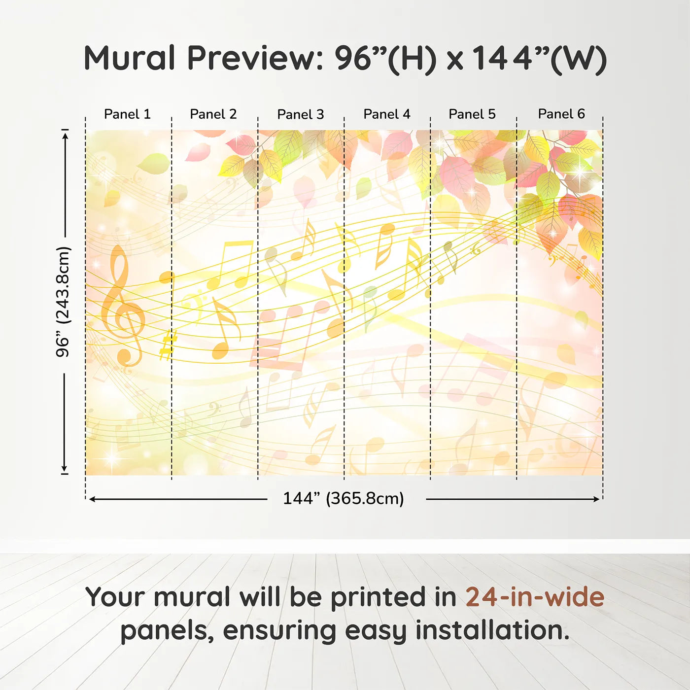 Whimsy Tots Golden Autumn Melody Wall Muraldimension view (96" H x 144" W). Printed in six 24-inch-wide panels. Gender-Neutral