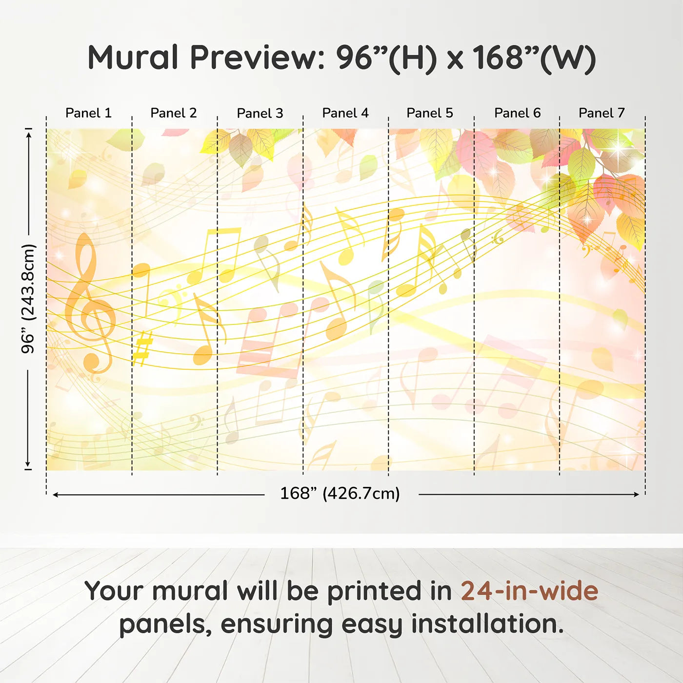 Whimsy Tots Golden Autumn Melody Wall Muraldimension view (96" H x 168" W). Printed in seven 24-inch-wide panels. Gender-Neutral
