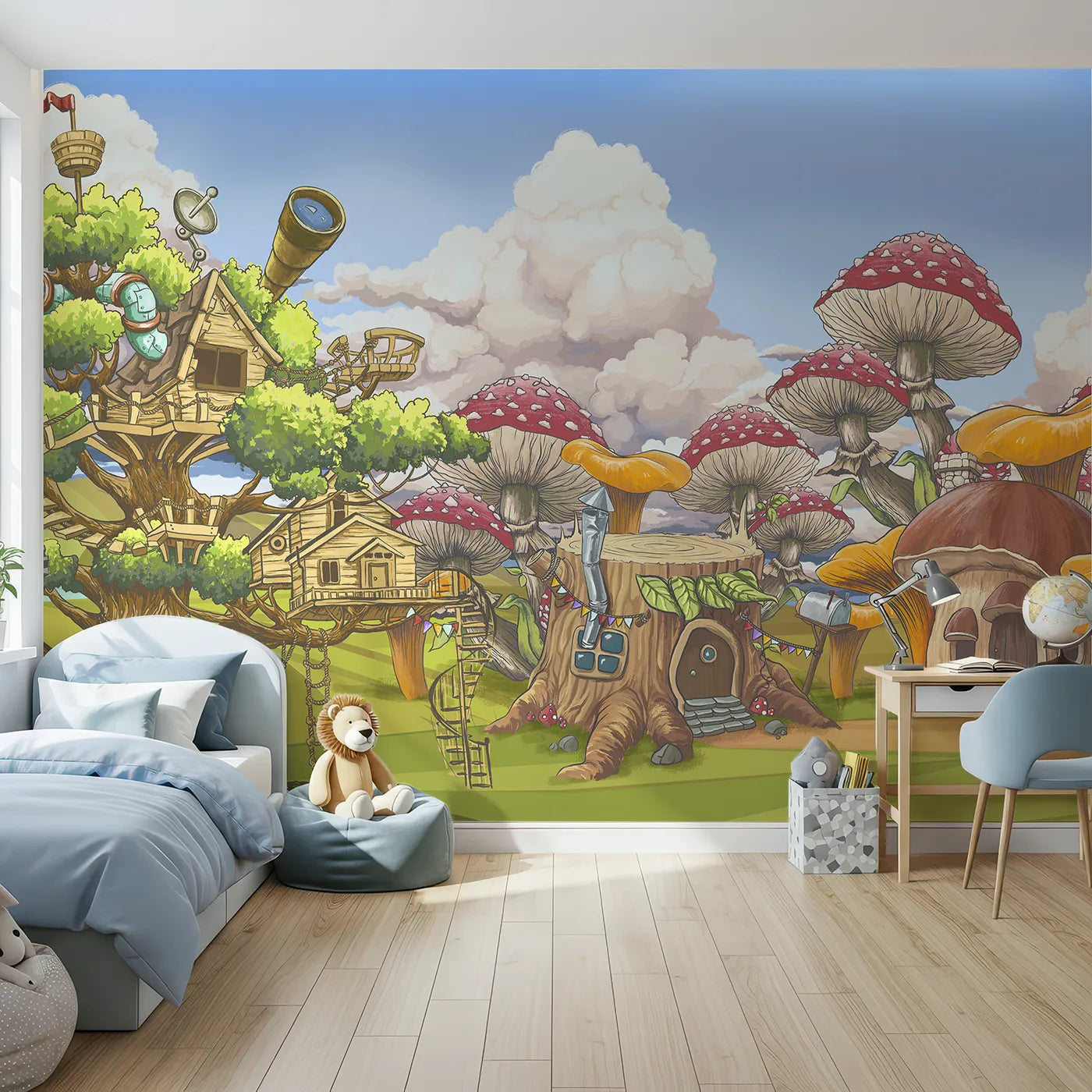 Front view of Whimsy Tots' Treehouse Adventure Wall Mural