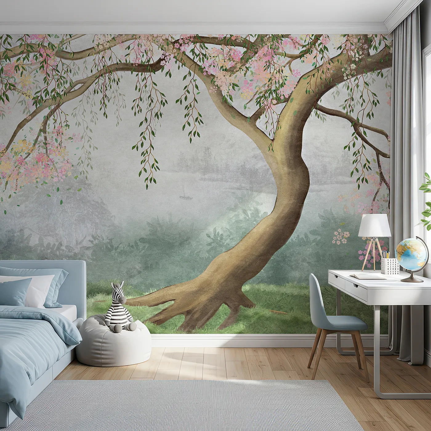 Front view of Whimsy Tots' Misty Blossom Tree Wall Mural