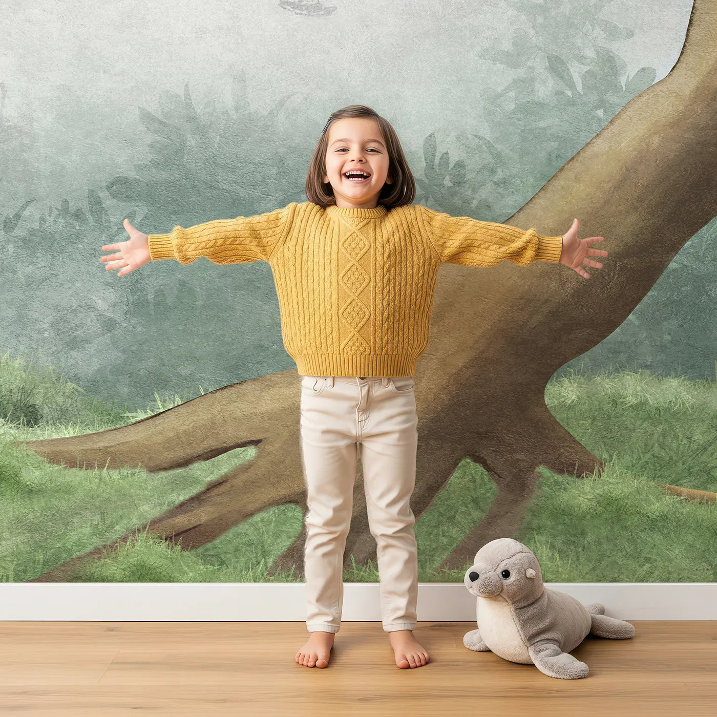 Child in front of Whimsy Tots Misty Blossom Tree Wall Mural with tree, blossom, flower, pink, misty, chinese, japanese, painterly in design.