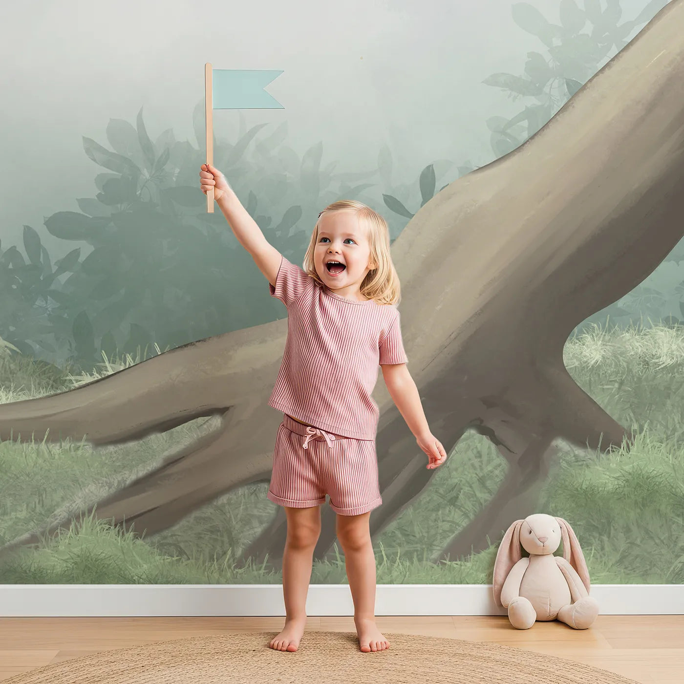 Child in front of Whimsy Tots Flying Cranes Blossom Tree Wall Mural with crane, bird, tree, blossom, flower, white, misty, chinese in design.