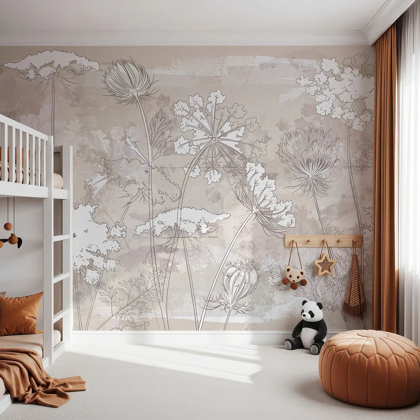 Front view of Whimsy Tots' Wildflower Sketch Wall Mural in Beige