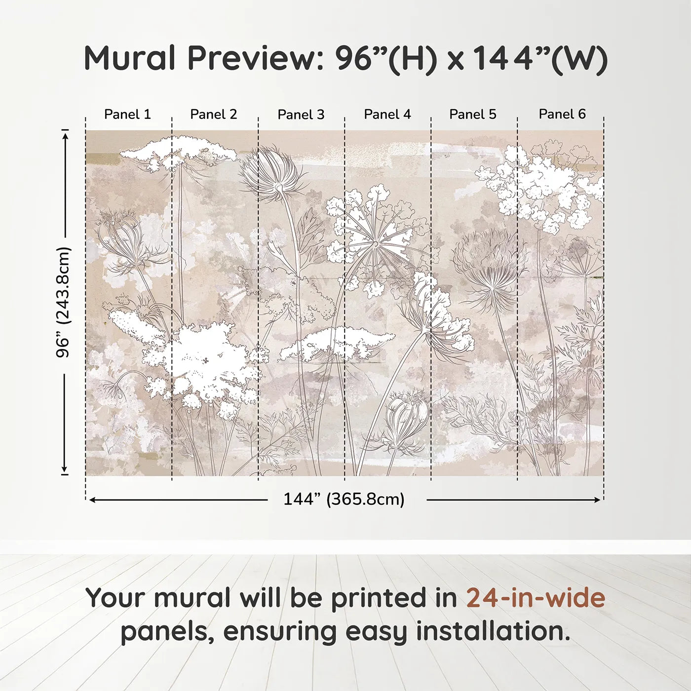 Whimsy Tots Wildflower Sketch Wall Mural in Beigedimension view (96" H x 144" W). Printed in six 24-inch-wide panels. Gender-Neutral