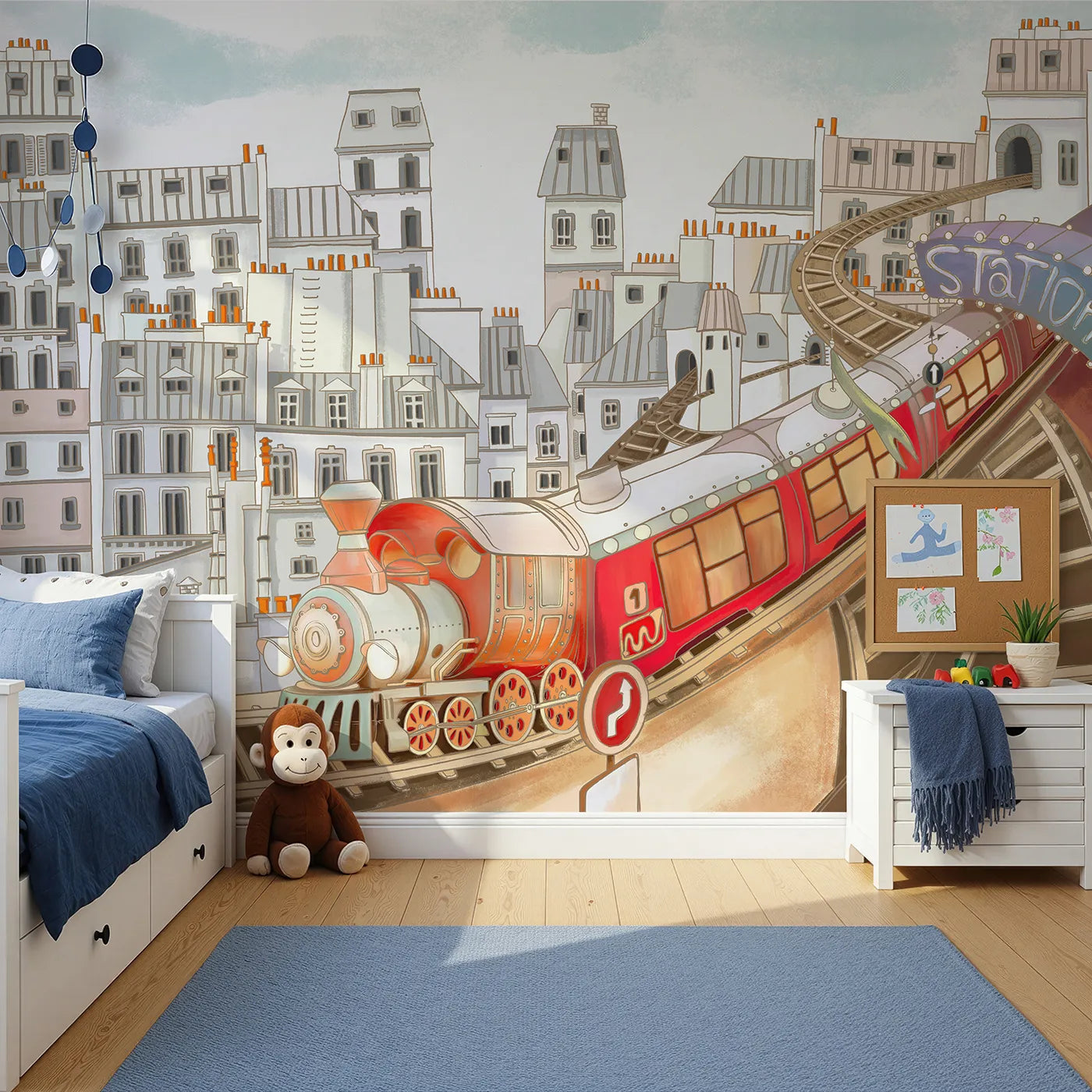 Front view of Whimsy Tots' Parisian Express Train Wall Mural