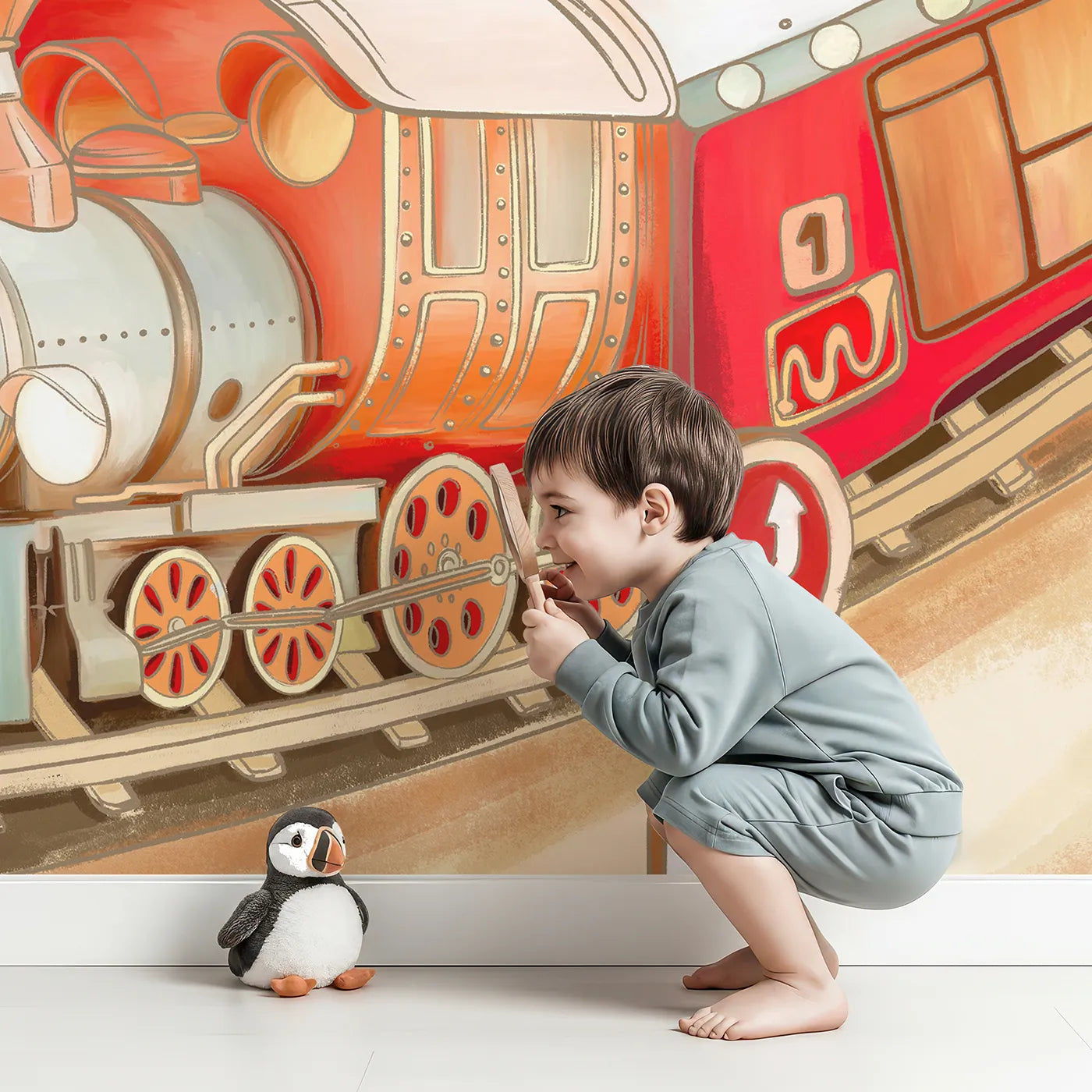 Child in front of Whimsy Tots Parisian Express Train Wall Mural with train, paris, city, travel, retro, rooftop, france, adventure in design.