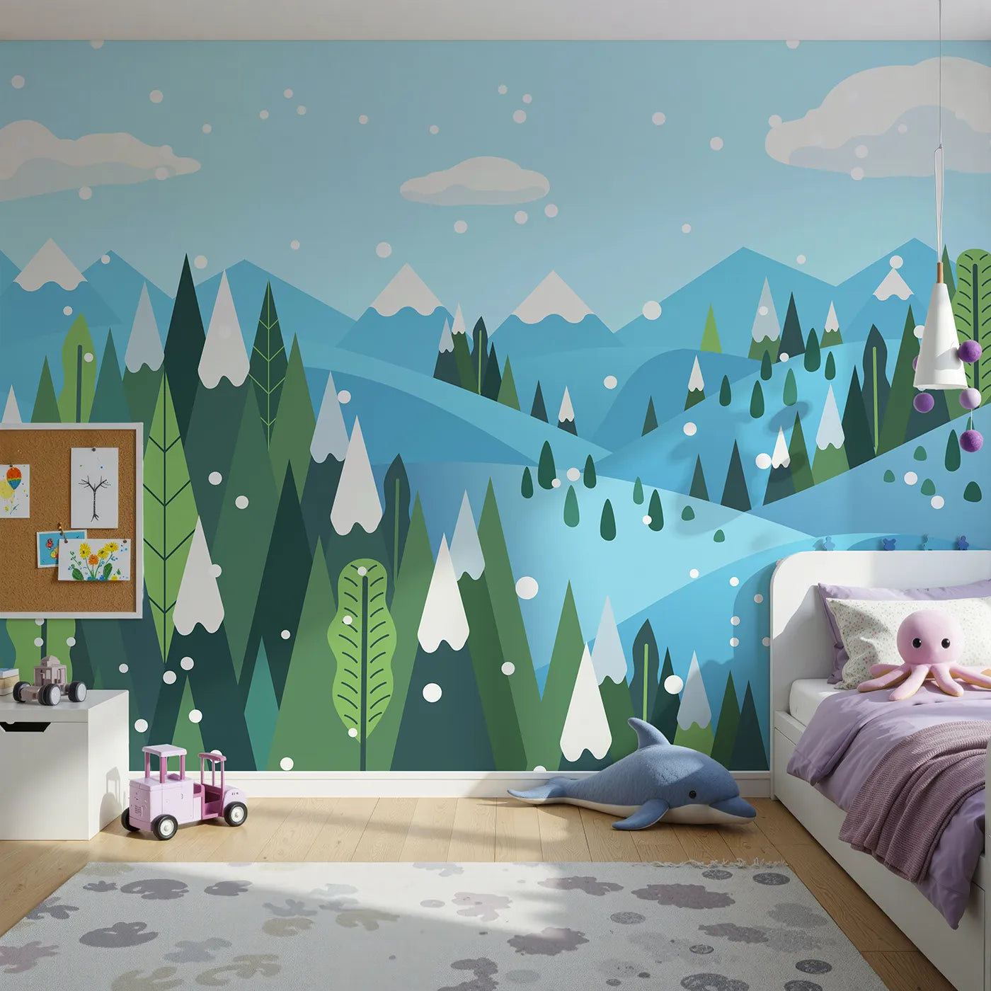 Front view of Whimsy Tots' Graphic Winter Forest Wall Mural