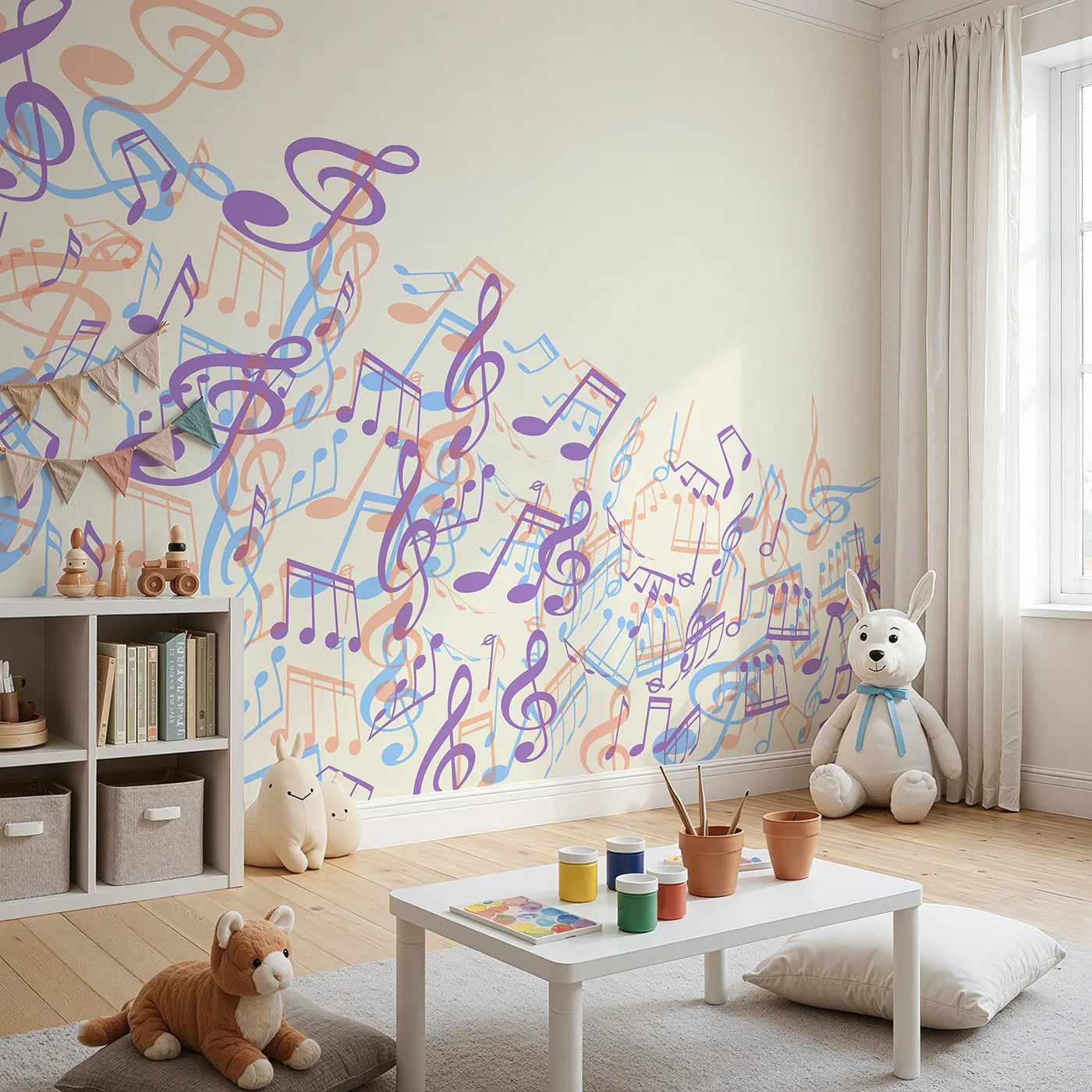 Angled view of Whimsy Tots' Pastel Cascade of Music Wall Mural (Turn Their Room into a Waterfall of Gentle Music).Gender-Neutral