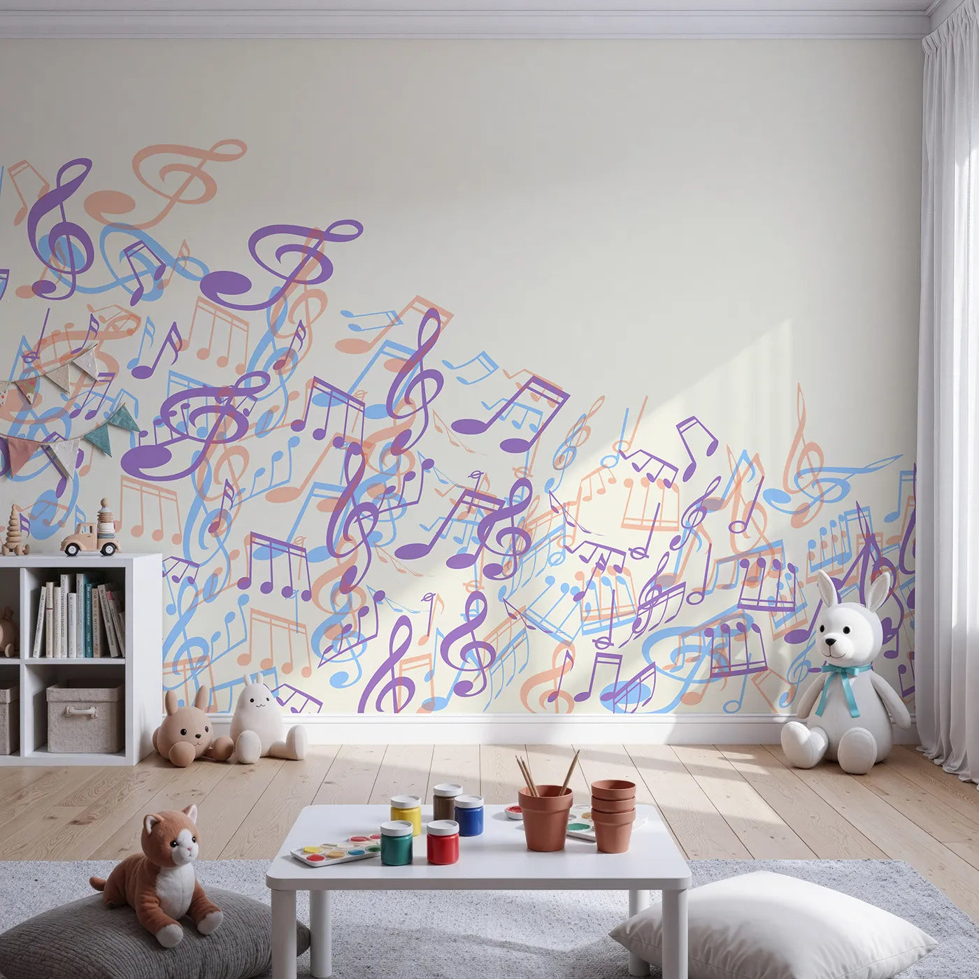 Front view of Whimsy Tots' Pastel Cascade of Music Wall Mural