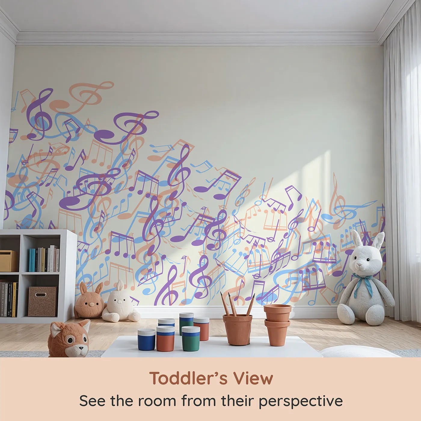 Whimsy Tots Pastel Cascade of Music Wall Mural (Turn Their Room into a Waterfall of Gentle Music) from your child's view.Gender-Neutral