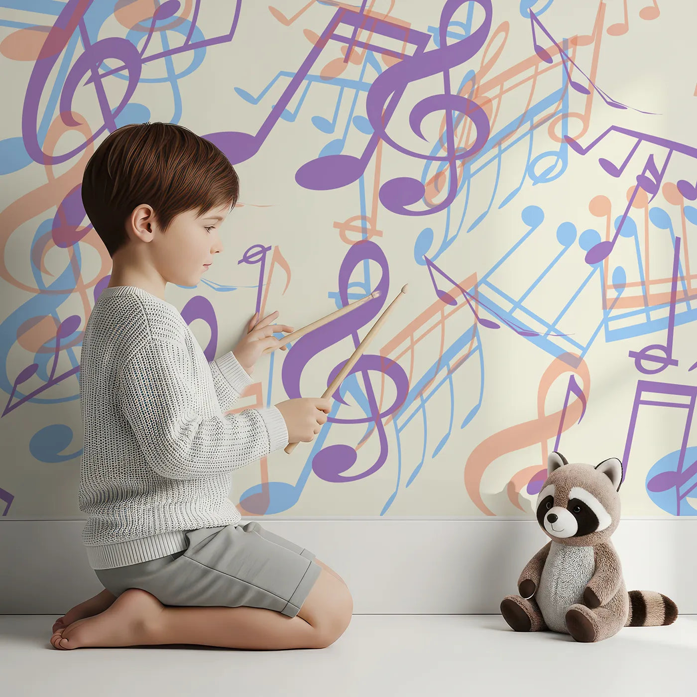 Child in front of Whimsy Tots Pastel Cascade of Music Wall Mural with music, note, pastel, purple, blue, orange, melody, abstract in design.