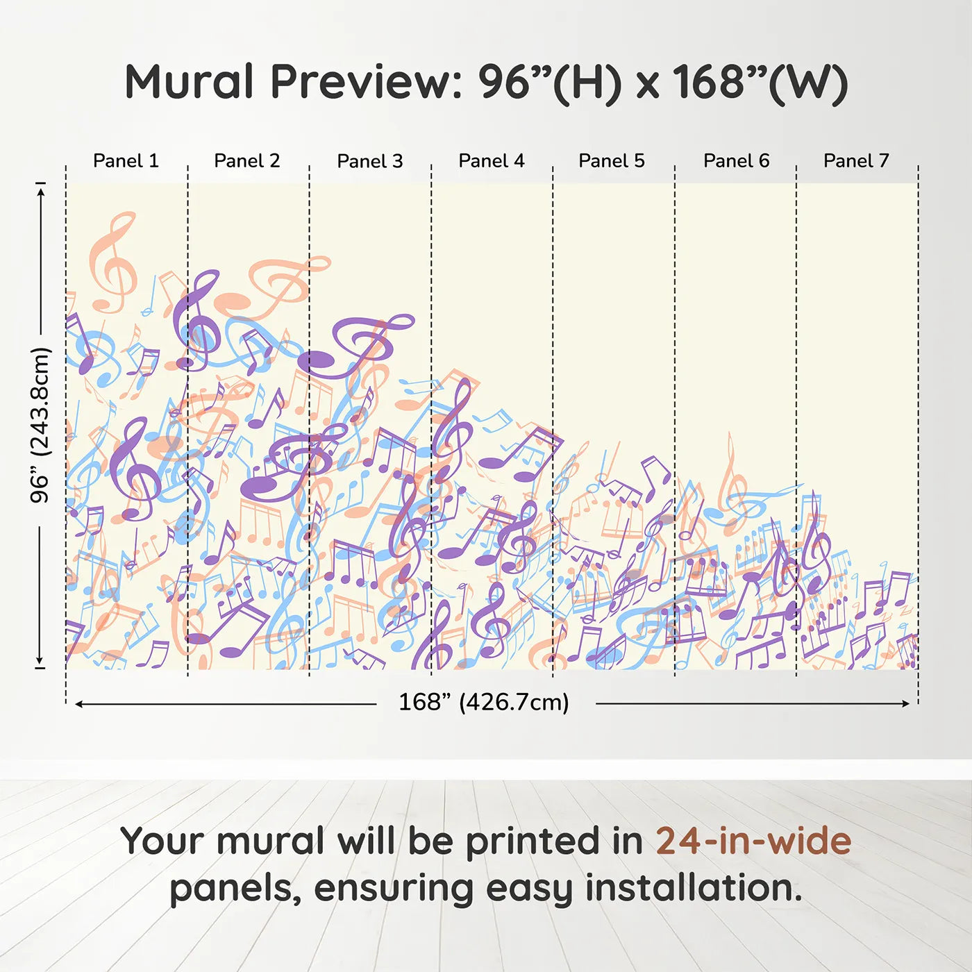 Whimsy Tots Pastel Cascade of Music Wall Muraldimension view (96" H x 168" W). Printed in seven 24-inch-wide panels. Gender-Neutral
