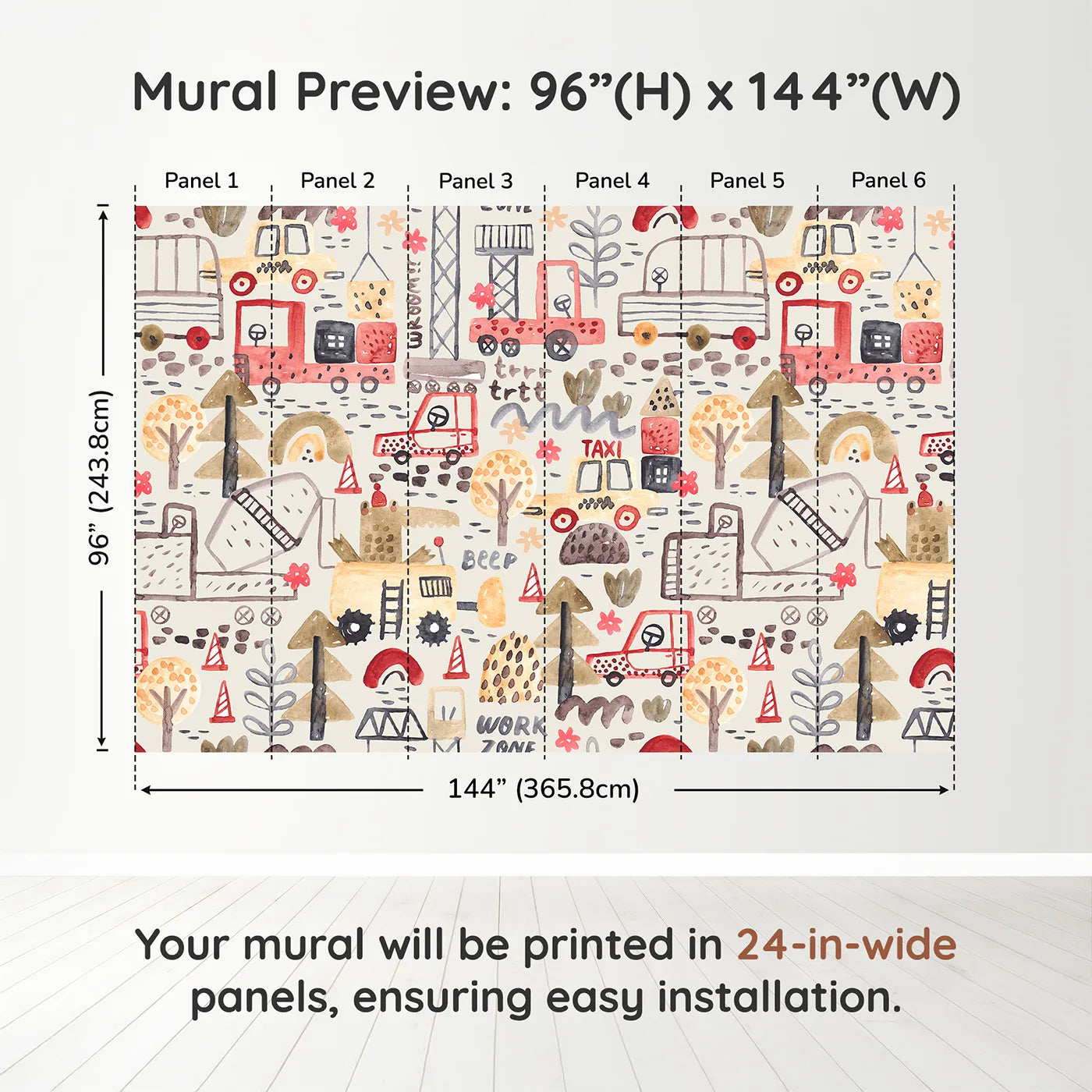 Whimsy Tots Watercolor Work Zone Wall Muraldimension view (96" H x 144" W). Printed in six 24-inch-wide panels. Best for Boys