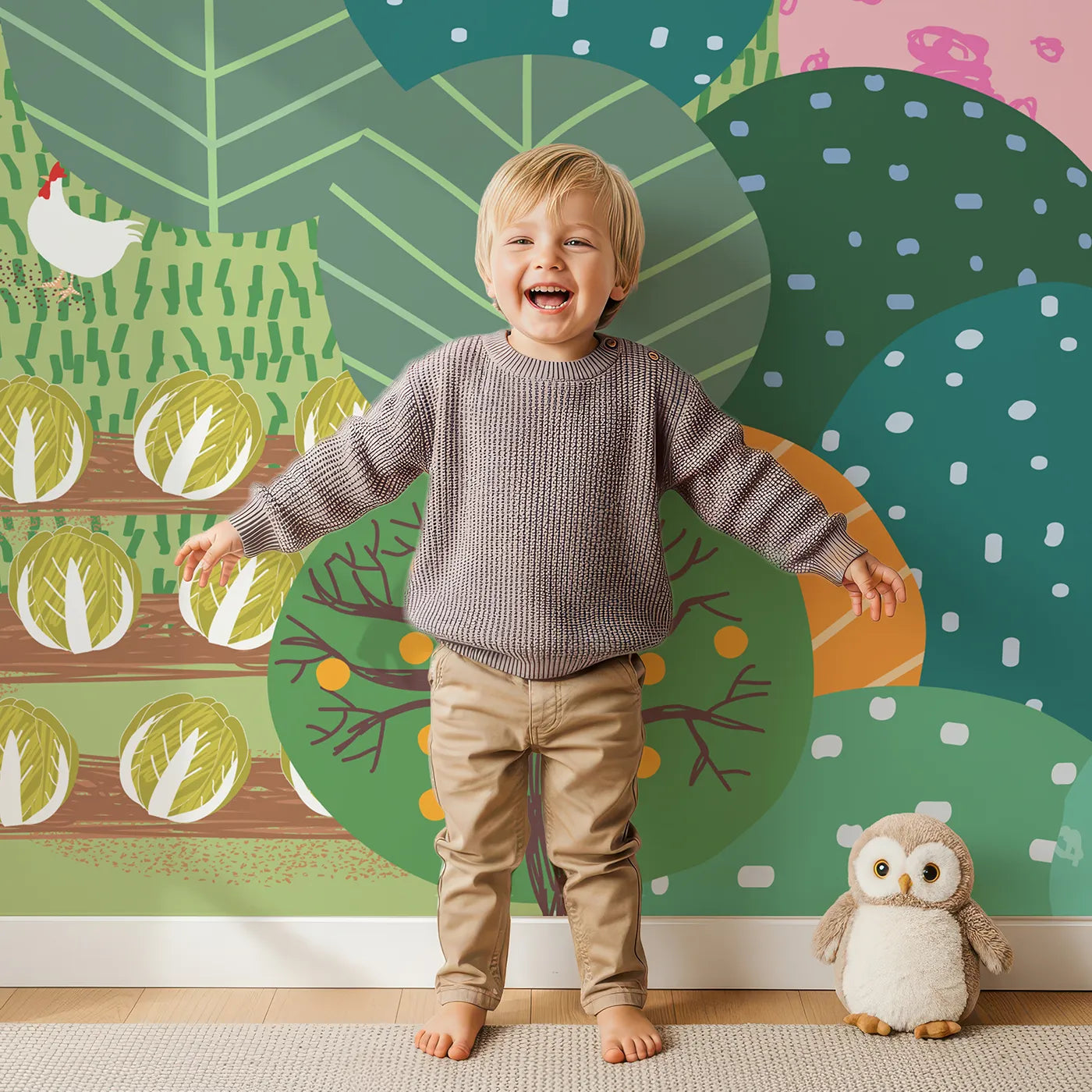 Child in front of Whimsy Tots Folksy Farm Life Wall Mural with farm, orchard, garden, horse, chicken, folk art, countryside, harvest in design.