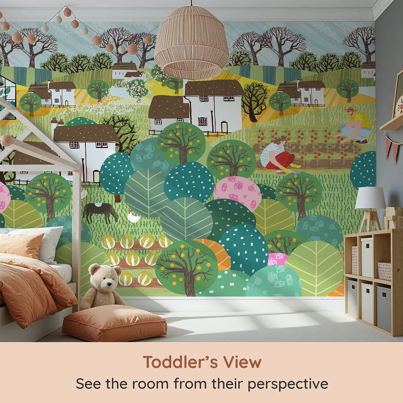 Whimsy Tots Folksy Farm Life Wall Mural (Turn Their Room into a Vibrant, Happy Farmstead) from your child's view.Gender-Neutral