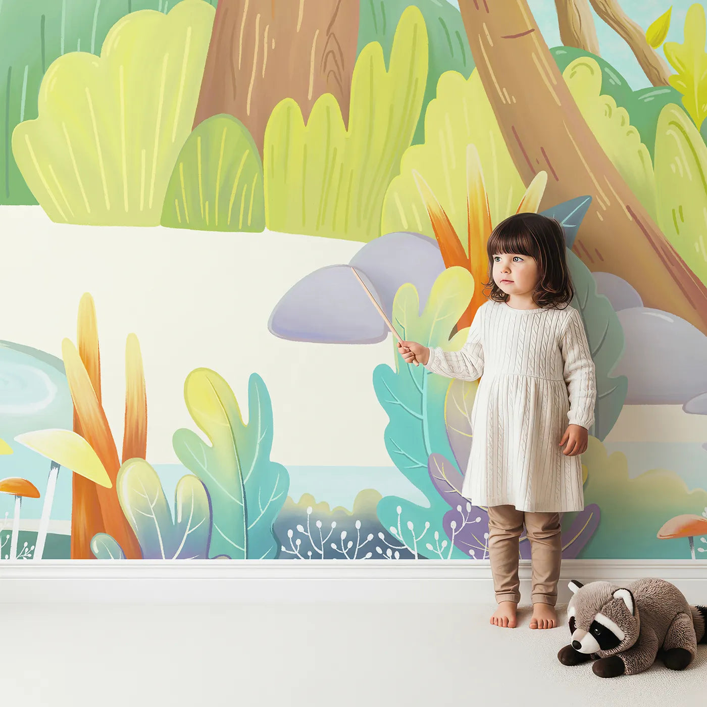 Child in front of Whimsy Tots Cartoon Jungle Oasis Wall Mural with jungle, forest, river, cartoon, tropical, nature, vibrant, landscape in design.