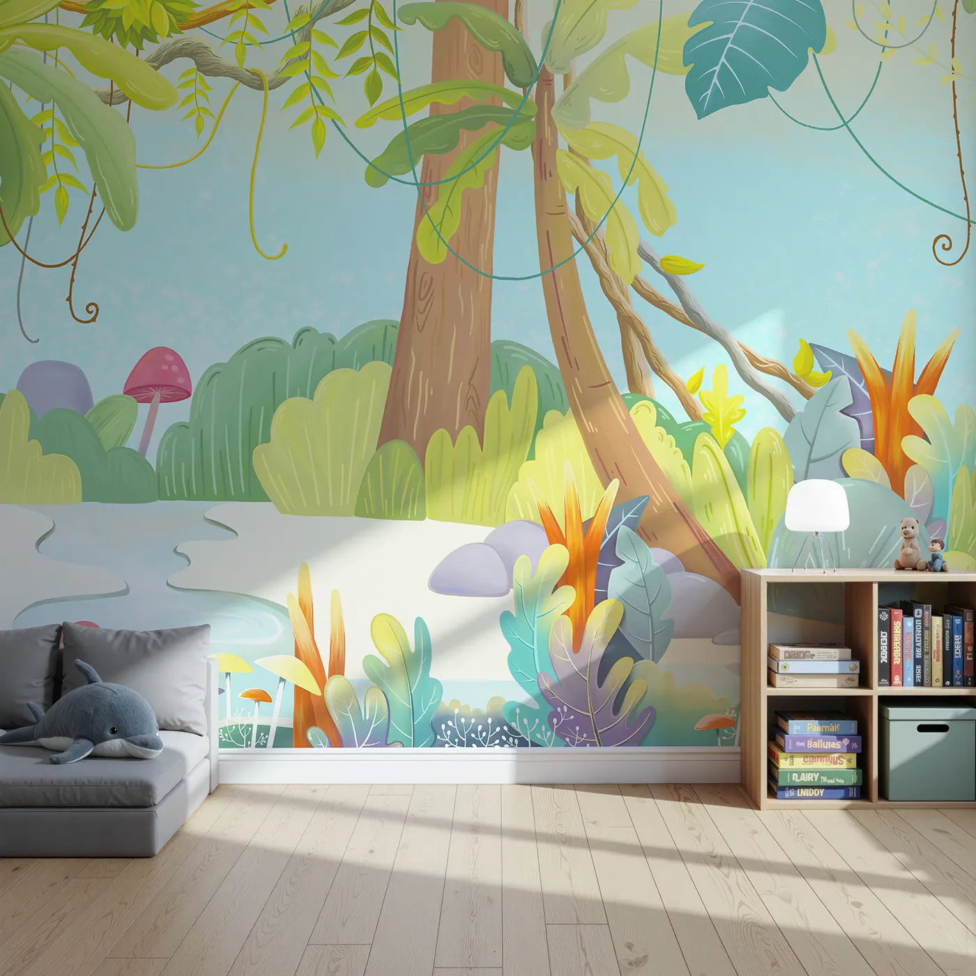 Front view of Whimsy Tots' Cartoon Jungle Oasis Wall Mural
