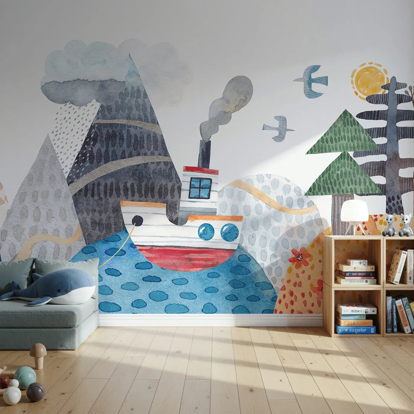 Front view of Whimsy Tots' Watercolor Mountain Voyage Wall Mural