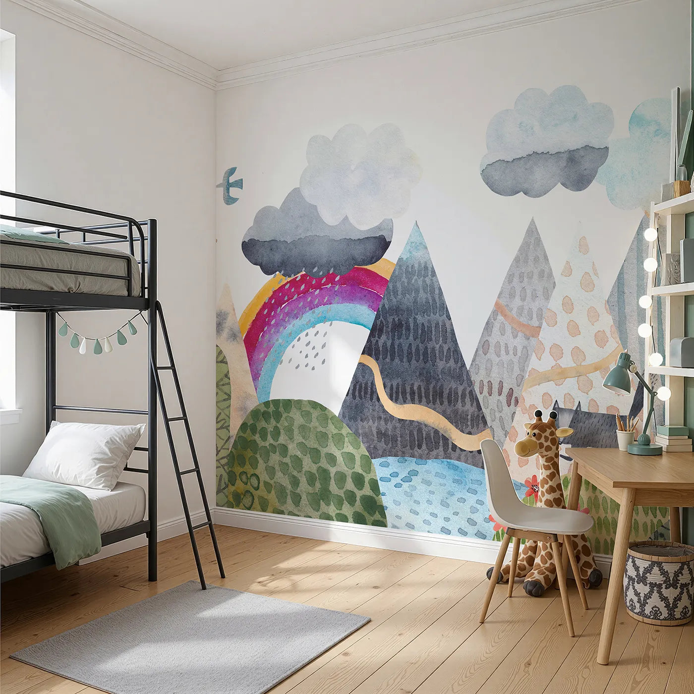 Angled view of Whimsy Tots' Rainbow Mountain Wanderer Wall Mural (Turn Their Room into a Magical, Painted Landscape).Gender-Neutral