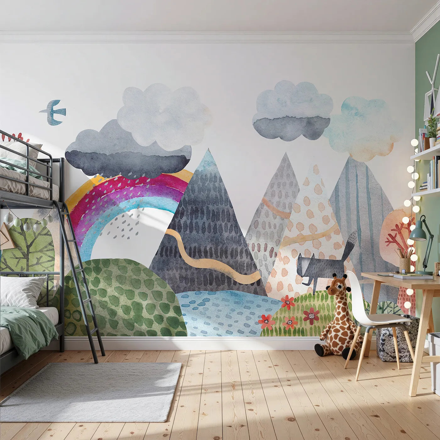 Front view of Whimsy Tots' Rainbow Mountain Wanderer Wall Mural