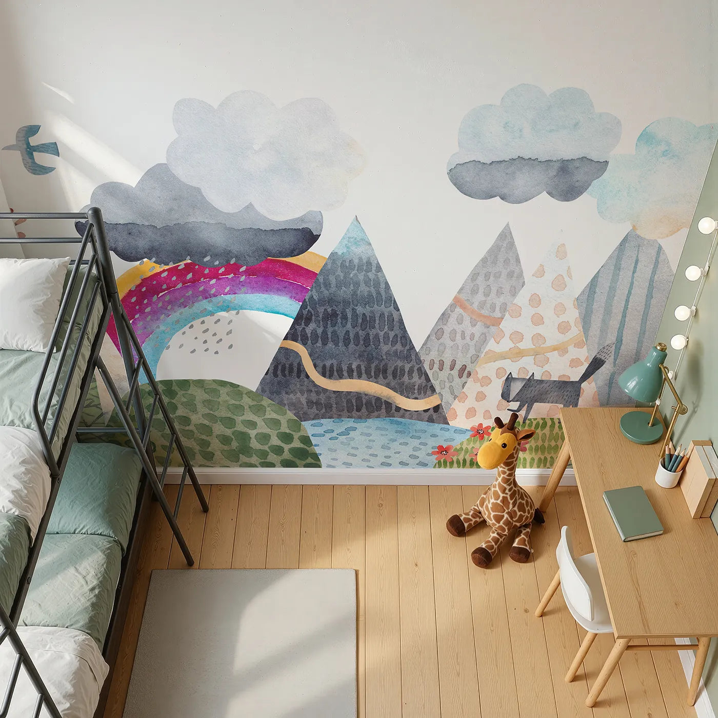 Top-down view of Whimsy Tots' Rainbow Mountain Wanderer Wall Mural (Turn Their Room into a Magical, Painted Landscape).Gender-Neutral