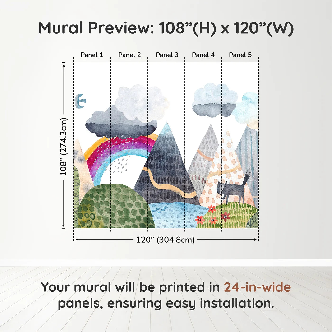 Whimsy Tots Rainbow Mountain Wanderer Wall Muraldimension view (108" H x 120" W). Printed in five 24-inch-wide panels. Gender-Neutral