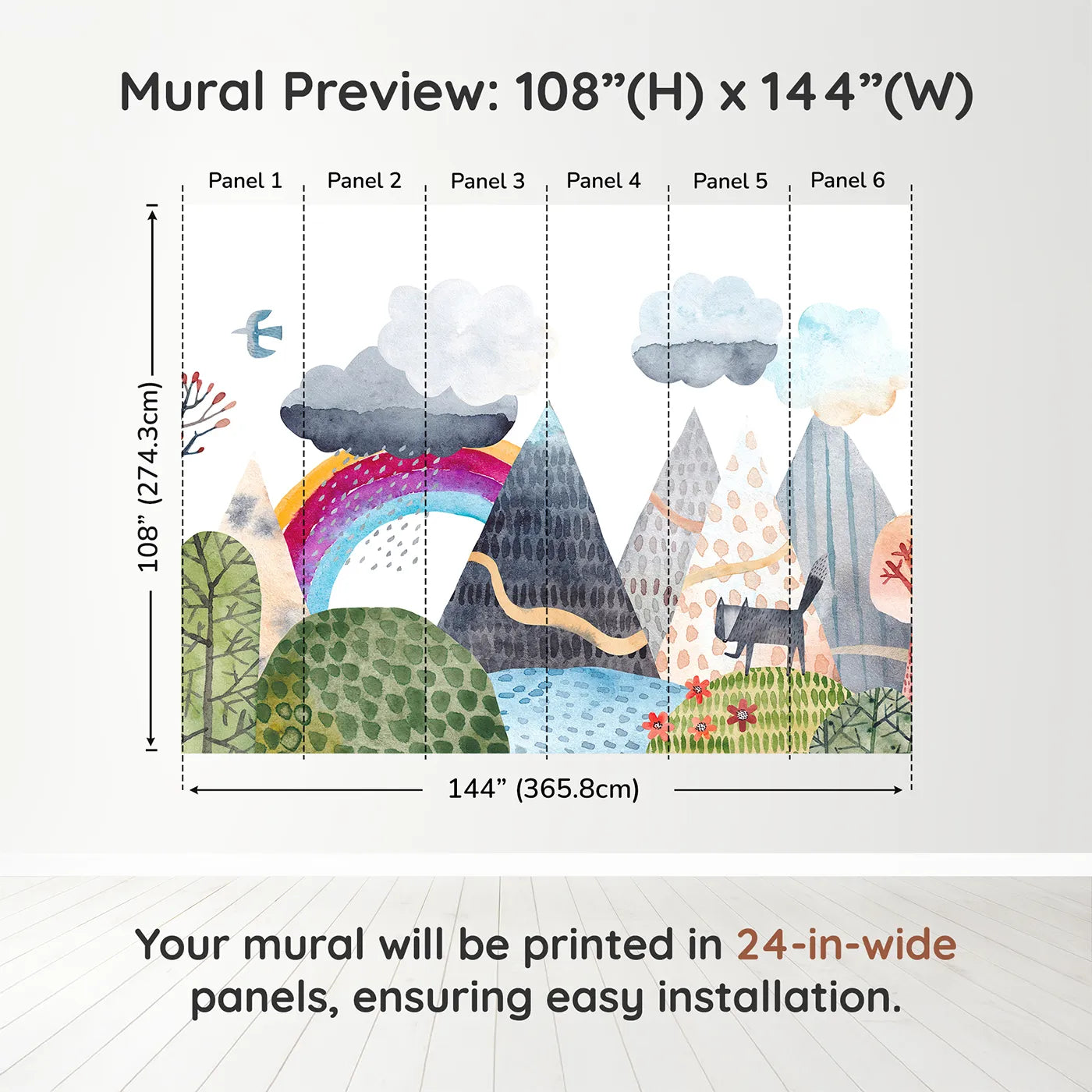 Whimsy Tots Rainbow Mountain Wanderer Wall Muraldimension view (108" H x 144" W). Printed in six 24-inch-wide panels. Gender-Neutral