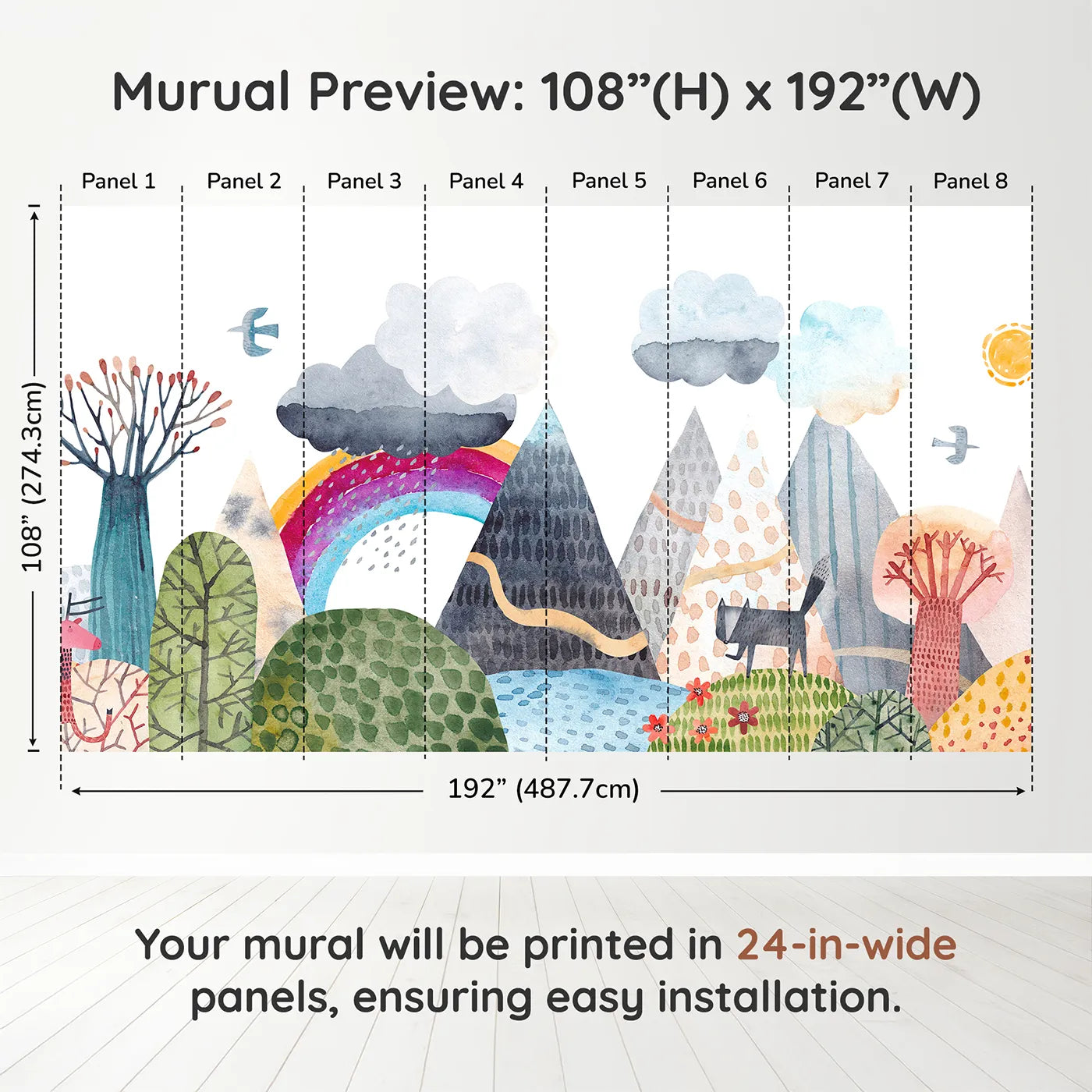 Whimsy Tots Rainbow Mountain Wanderer Wall Muraldimension view (108" H x 192" W). Printed in eight 24-inch-wide panels. Gender-Neutral