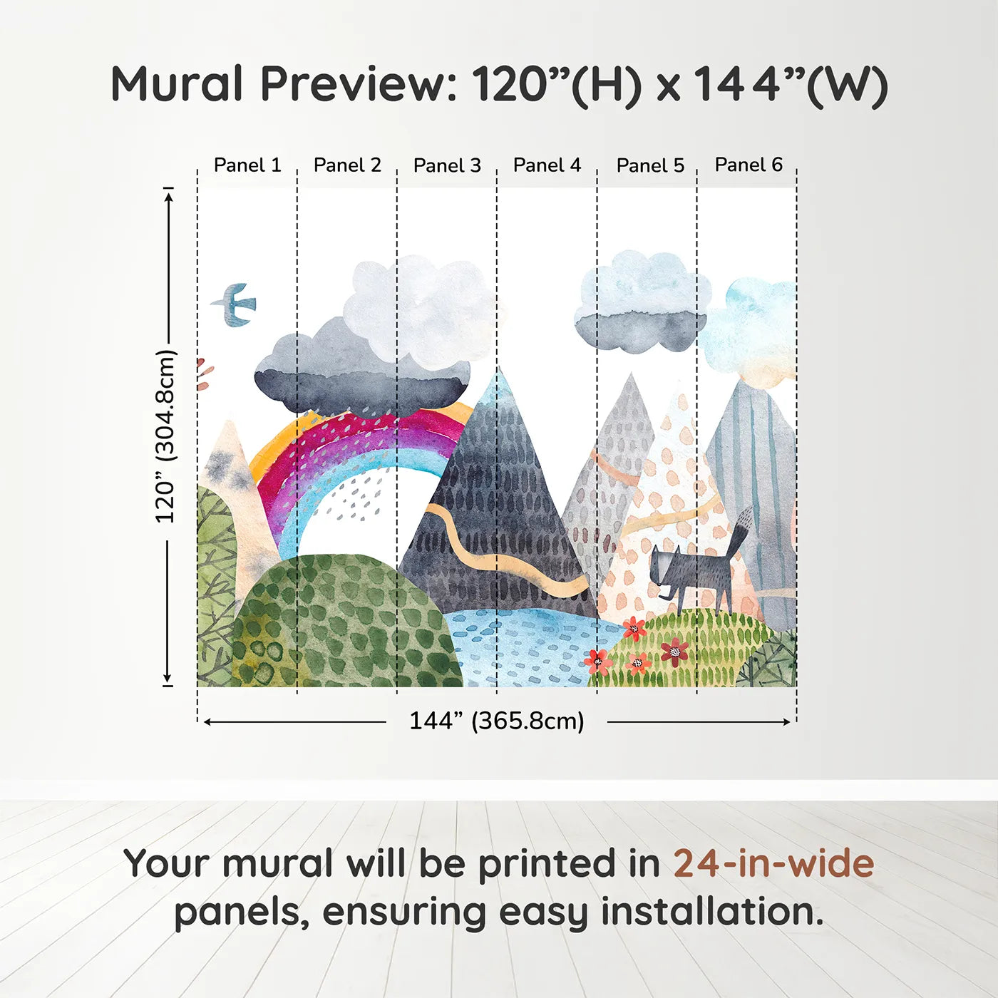 Whimsy Tots Rainbow Mountain Wanderer Wall Muraldimension view (120" H x 144" W). Printed in six 24-inch-wide panels. Gender-Neutral
