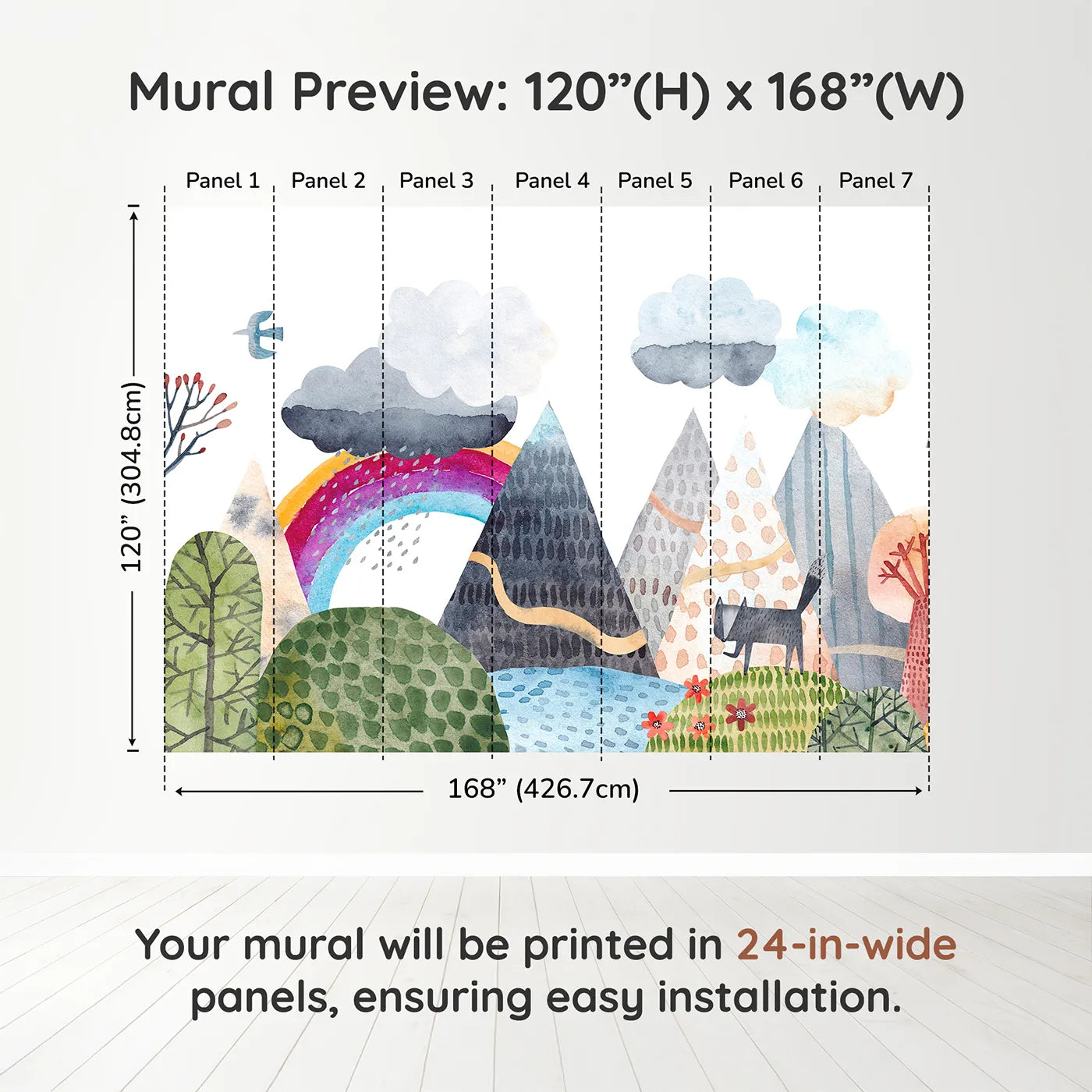 Whimsy Tots Rainbow Mountain Wanderer Wall Muraldimension view (120" H x 168" W). Printed in seven 24-inch-wide panels. Gender-Neutral