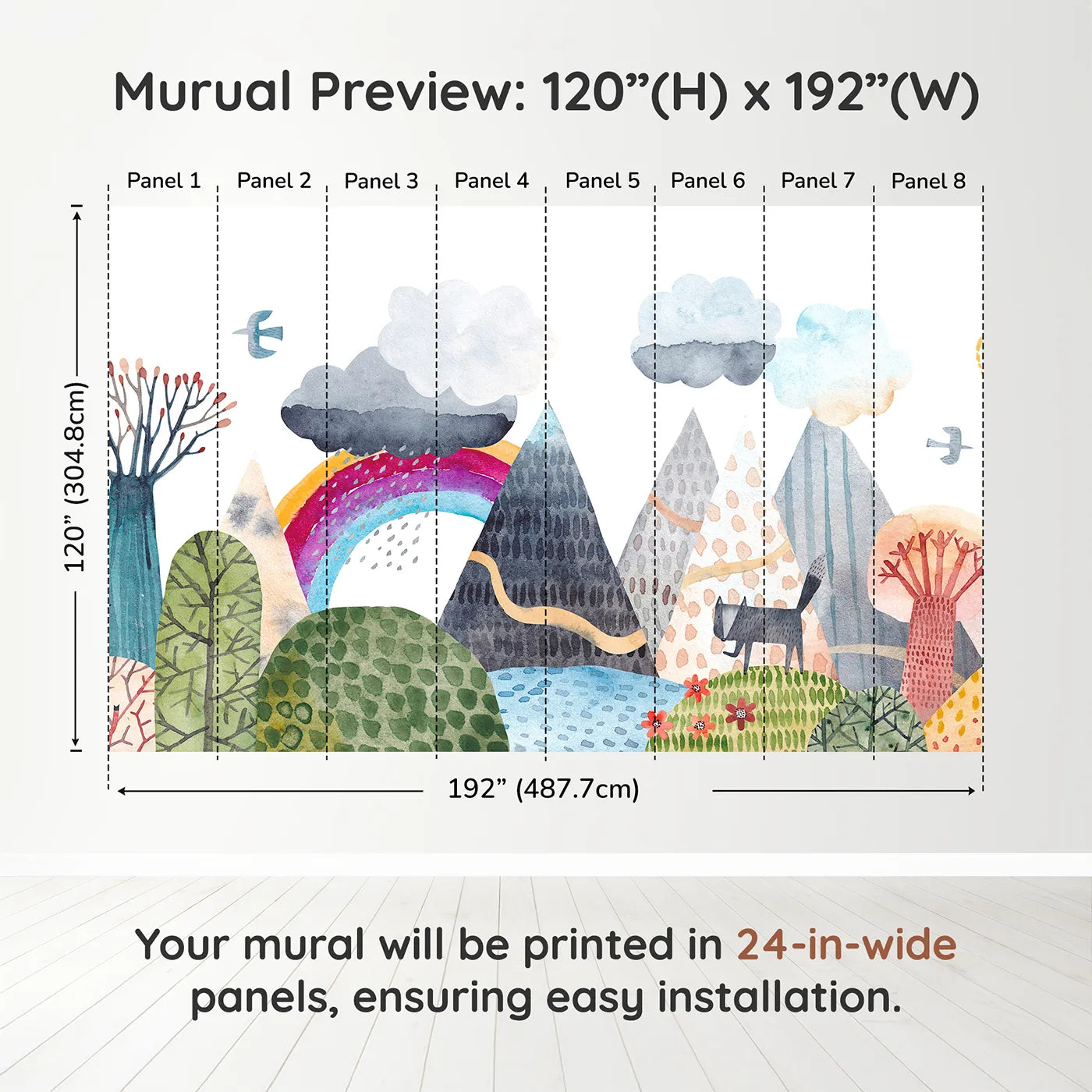 Whimsy Tots Rainbow Mountain Wanderer Wall Muraldimension view (120" H x 192" W). Printed in eight 24-inch-wide panels. Gender-Neutral