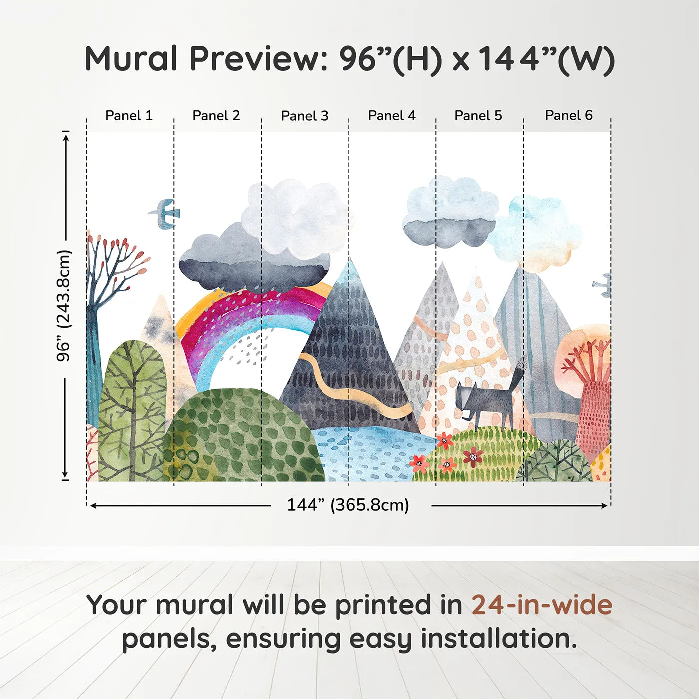 Whimsy Tots Rainbow Mountain Wanderer Wall Muraldimension view (96" H x 144" W). Printed in six 24-inch-wide panels. Gender-Neutral