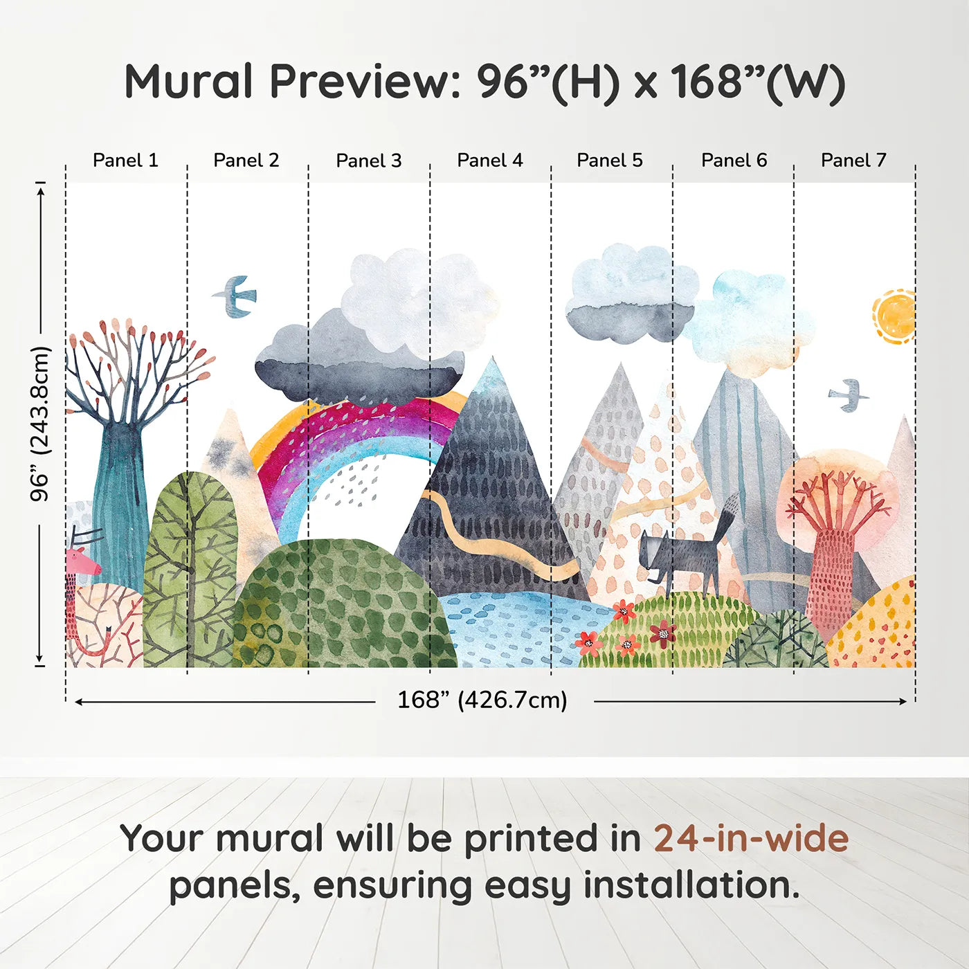 Whimsy Tots Rainbow Mountain Wanderer Wall Muraldimension view (96" H x 168" W). Printed in seven 24-inch-wide panels. Gender-Neutral
