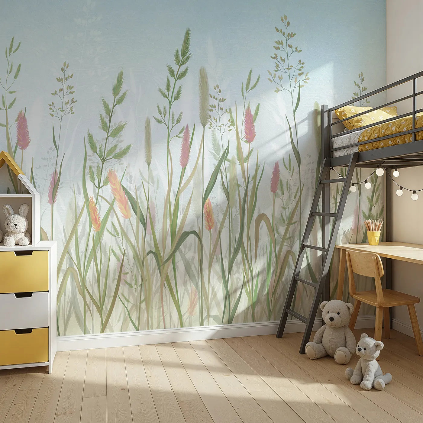 Angled view of Whimsy Tots' Pastel Wild Grass Wall Mural (Turn Their Room into a Soft and Gentle Meadow).Gender-Neutral