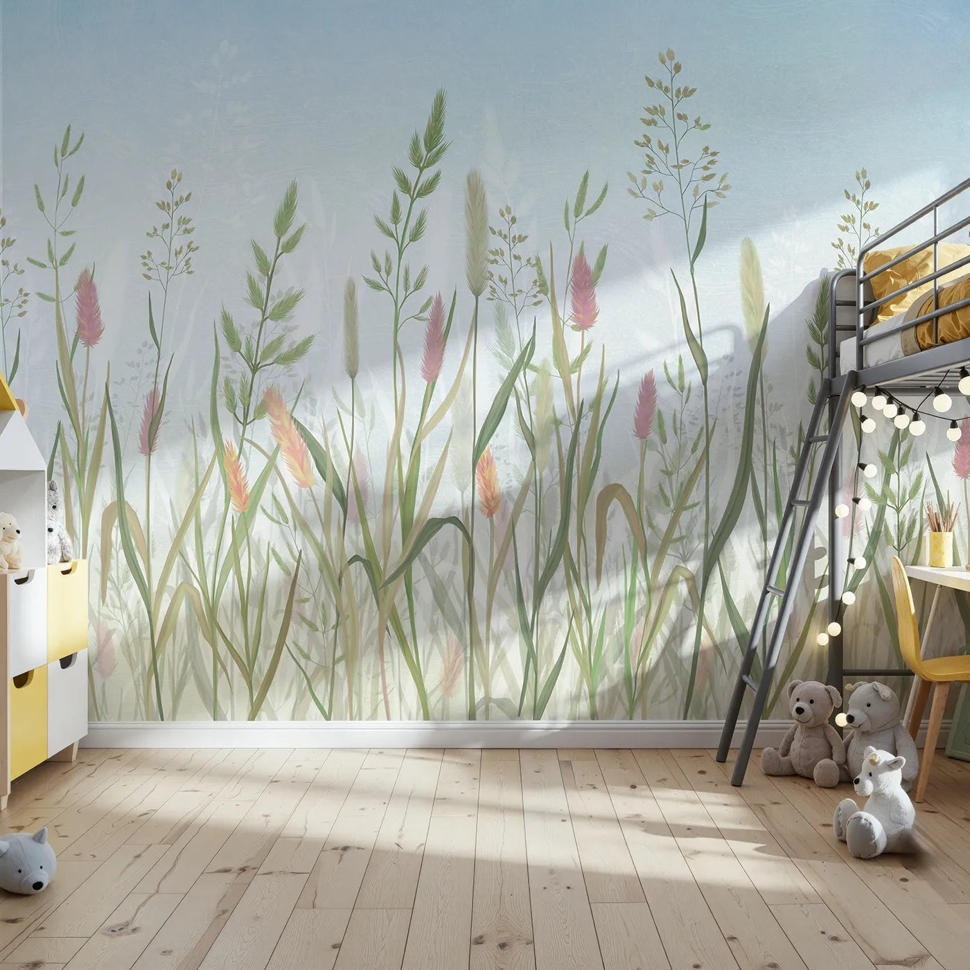 Front view of Whimsy Tots' Pastel Wild Grass Wall Mural
